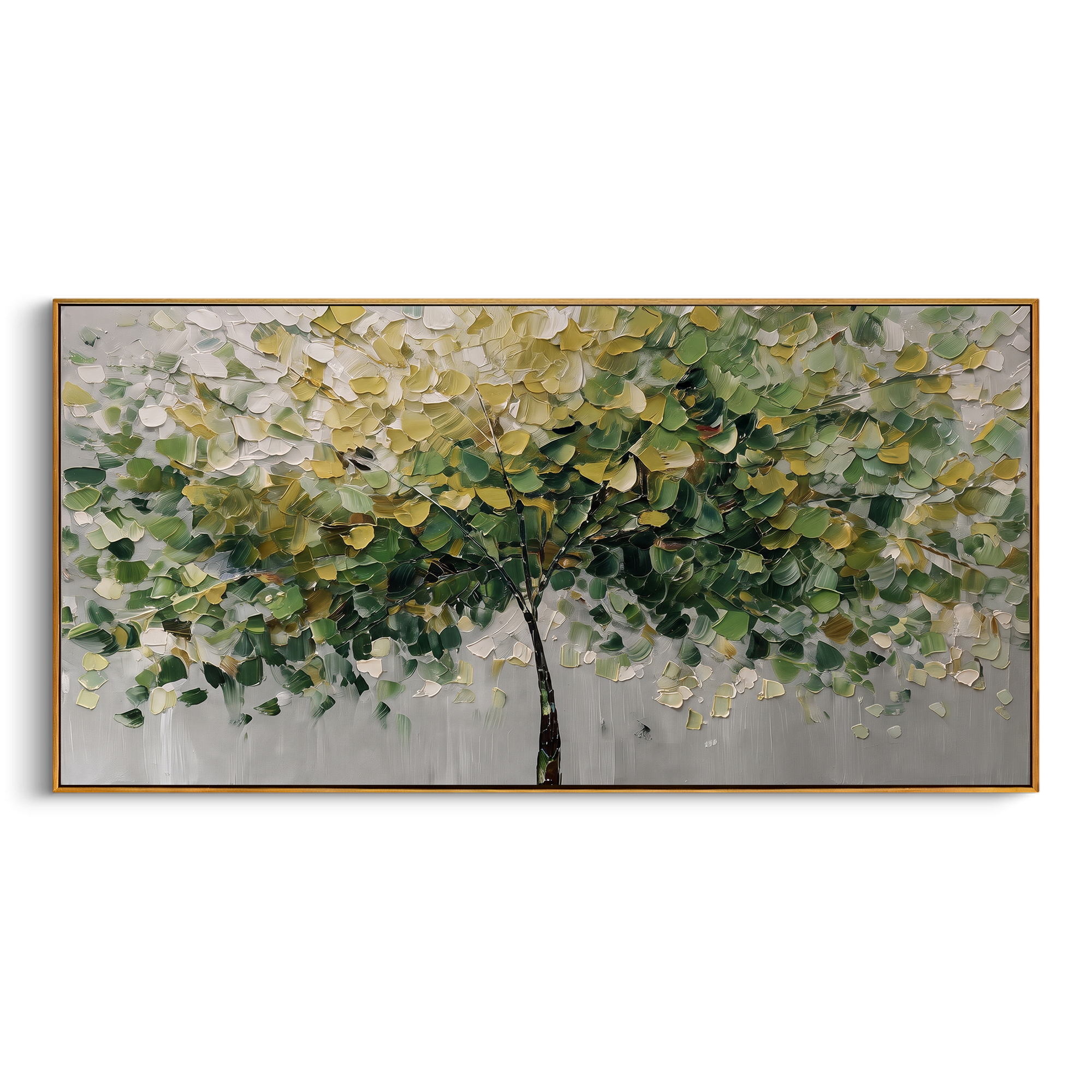 "Soft Green Canopy Tree Painting" focuses on atmosphere, surface movement, and sculptural heavy impasto craftsmanship rather than a fixed literal storyline. The composition uses this hand-painted panoramic canvas shows a graceful tree canopy spreading across a soft grey ground, with layered green, yellow, and white leaves, fine dark stems, and heavy palette-knife texture across the foliage as the visual anchor, while layered palette-knife paint, raised plaster-like texture, and softened brush
