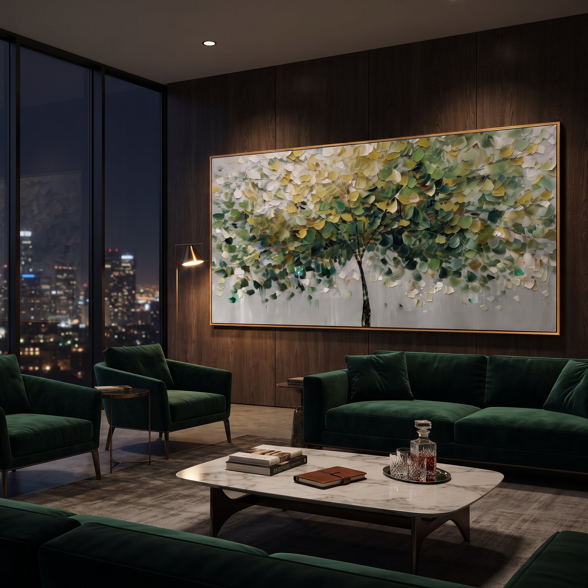 "Soft Green Canopy Tree Painting" focuses on atmosphere, surface movement, and sculptural heavy impasto craftsmanship rather than a fixed literal storyline. The composition uses this hand-painted panoramic canvas shows a graceful tree canopy spreading across a soft grey ground, with layered green, yellow, and white leaves, fine dark stems, and heavy palette-knife texture across the foliage as the visual anchor, while layered palette-knife paint, raised plaster-like texture, and softened brush