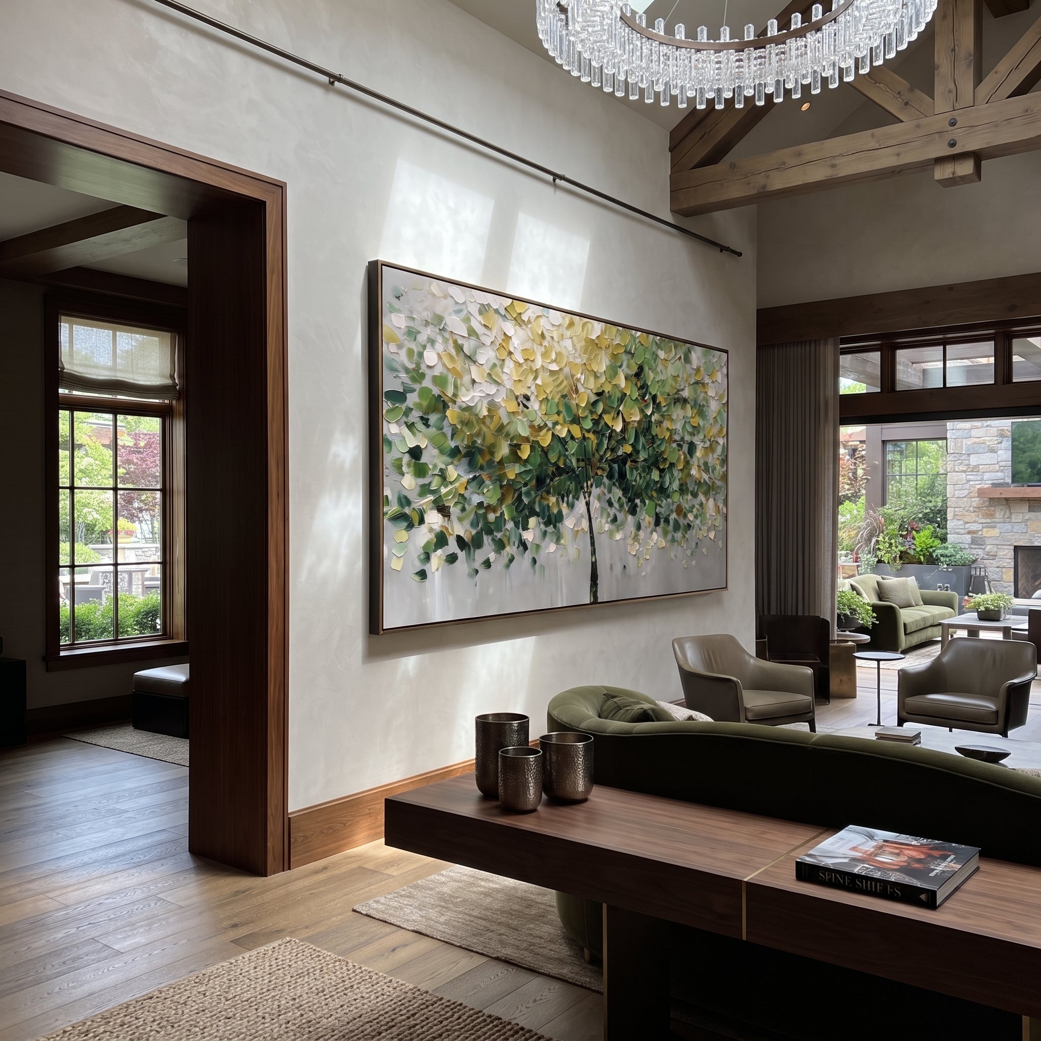 "Sloping Green Canopy Painting" focuses on atmosphere, surface movement, and sculptural heavy impasto craftsmanship rather than a fixed literal storyline. The composition uses this hand-painted panoramic canvas presents a sloping forest canopy with dark green branches sweeping across the composition, layered olive and yellow leaves, a pale grey ground, and thick palette-knife texture as the visual anchor, while layered palette-knife paint, raised plaster-like texture, and softened brush movement