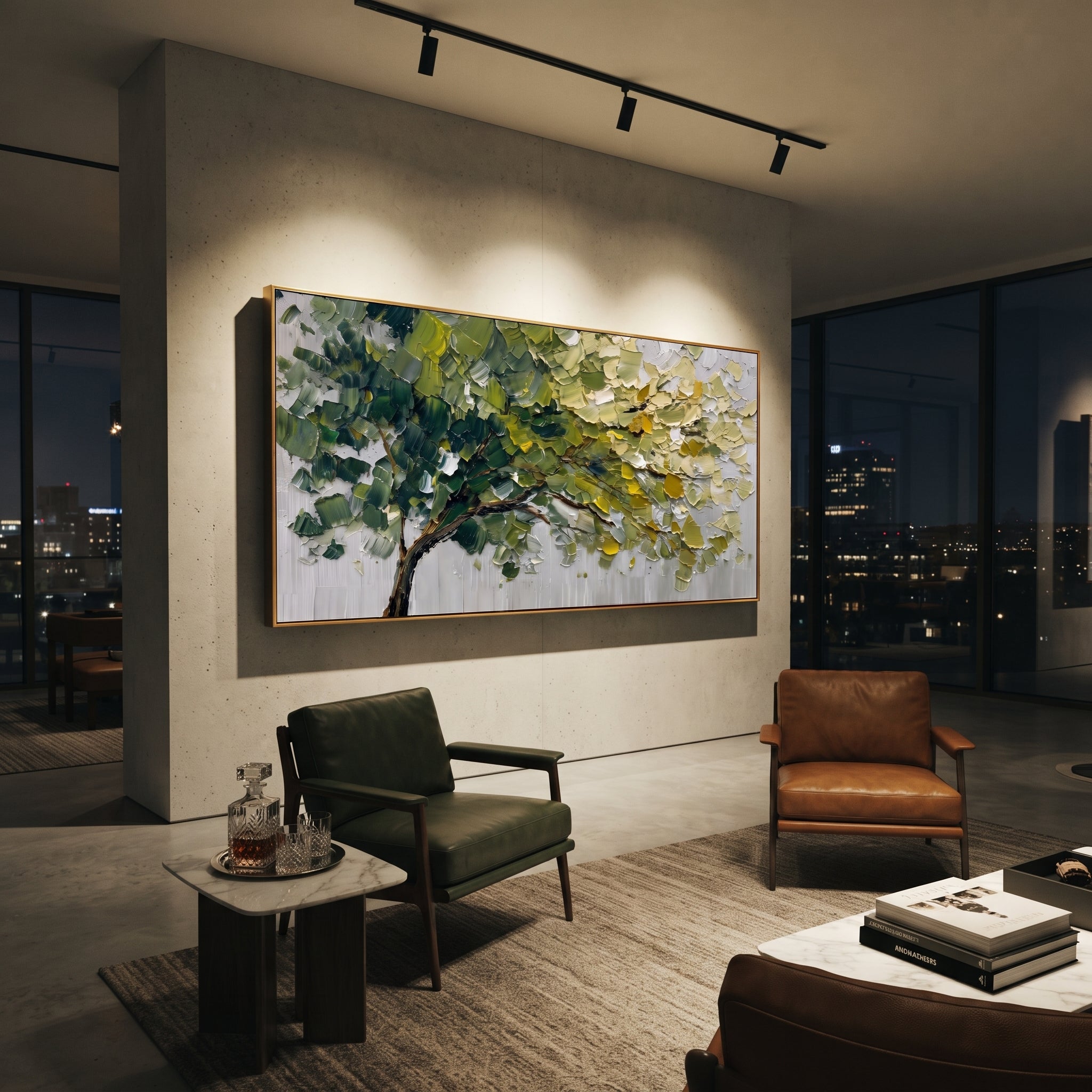 "Sloping Green Canopy Painting" focuses on atmosphere, surface movement, and sculptural heavy impasto craftsmanship rather than a fixed literal storyline. The composition uses this hand-painted panoramic canvas presents a sloping forest canopy with dark green branches sweeping across the composition, layered olive and yellow leaves, a pale grey ground, and thick palette-knife texture as the visual anchor, while layered palette-knife paint, raised plaster-like texture, and softened brush movement