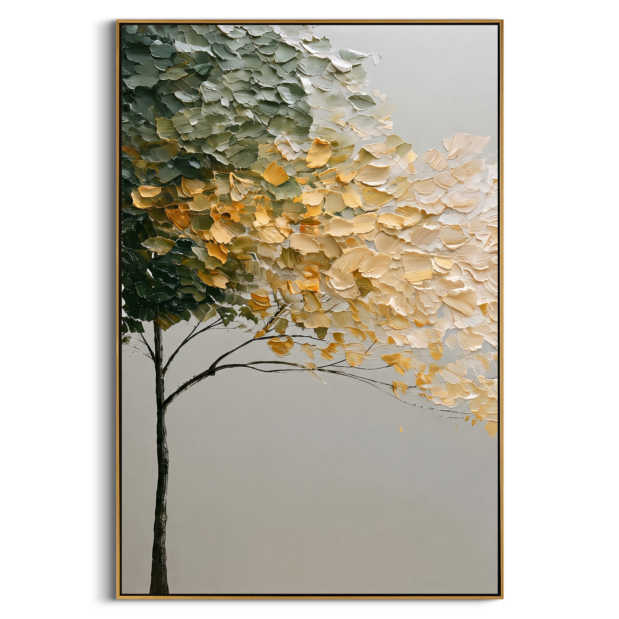 "Golden Cream Tree Canopy Painting" focuses on atmosphere, surface movement, and sculptural heavy impasto craftsmanship rather than a fixed literal storyline. The composition uses this hand-painted vertical canvas shows a slim dark tree trunk supporting a sweeping canopy of deep green, creamy white, and golden leaves, with raised impasto strokes over a calm neutral background as the visual anchor, while layered palette-knife paint, raised plaster-like texture, and softened brush movement create