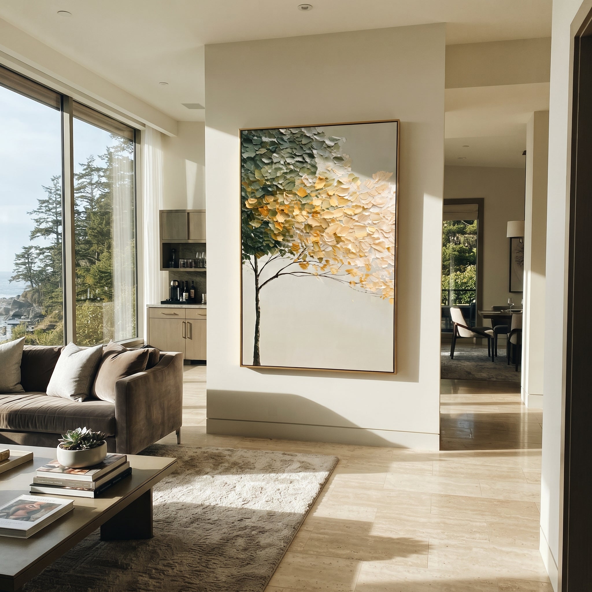 "Golden Cream Tree Canopy Painting" focuses on atmosphere, surface movement, and sculptural heavy impasto craftsmanship rather than a fixed literal storyline. The composition uses this hand-painted vertical canvas shows a slim dark tree trunk supporting a sweeping canopy of deep green, creamy white, and golden leaves, with raised impasto strokes over a calm neutral background as the visual anchor, while layered palette-knife paint, raised plaster-like texture, and softened brush movement create