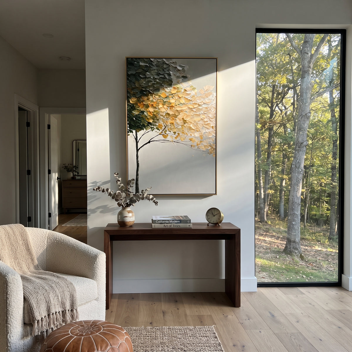 "Golden Cream Tree Canopy Painting" focuses on atmosphere, surface movement, and sculptural heavy impasto craftsmanship rather than a fixed literal storyline. The composition uses this hand-painted vertical canvas shows a slim dark tree trunk supporting a sweeping canopy of deep green, creamy white, and golden leaves, with raised impasto strokes over a calm neutral background as the visual anchor, while layered palette-knife paint, raised plaster-like texture, and softened brush movement create
