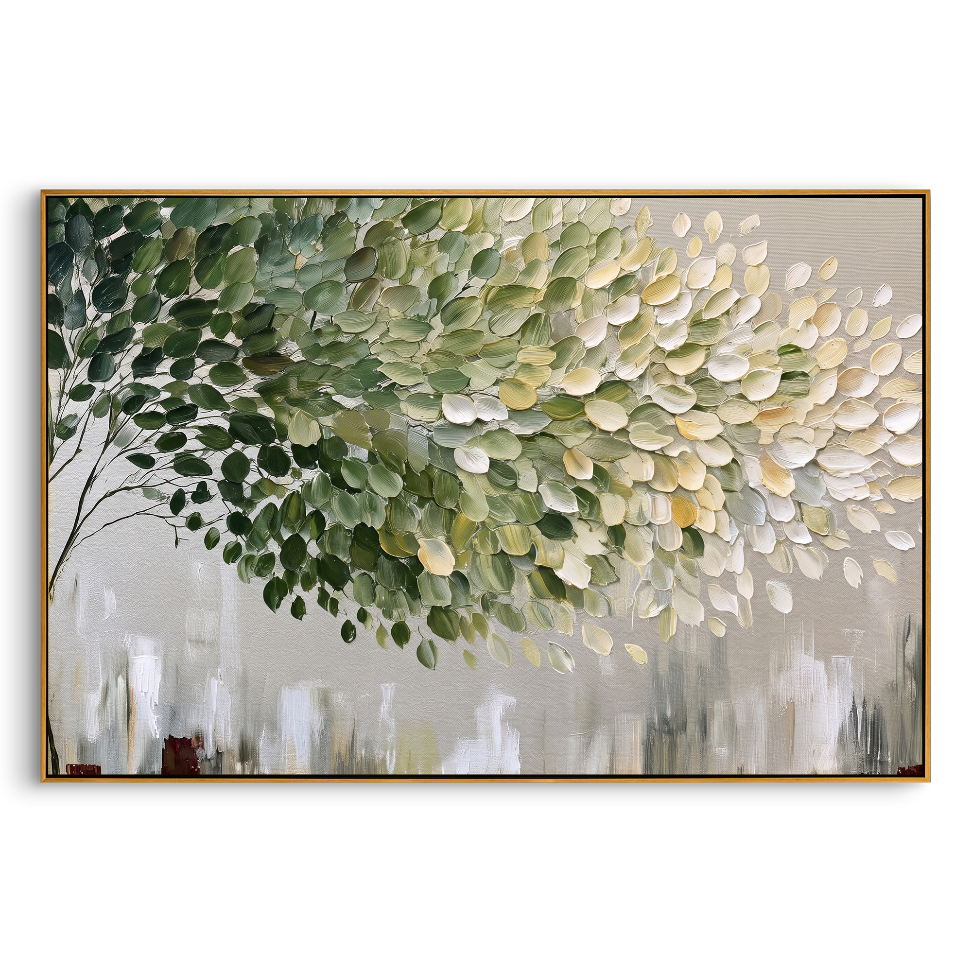 "Light Green Leaf Cluster Painting" focuses on atmosphere, surface movement, and sculptural heavy impasto craftsmanship rather than a fixed literal storyline. The composition uses this hand-painted horizontal canvas features a dense branch of rounded leaves, moving from dark green on the left to soft green, cream, and white on the right, with visible thick paint and a clean neutral lower field as the visual anchor, while layered palette-knife paint, raised plaster-like texture, and softened