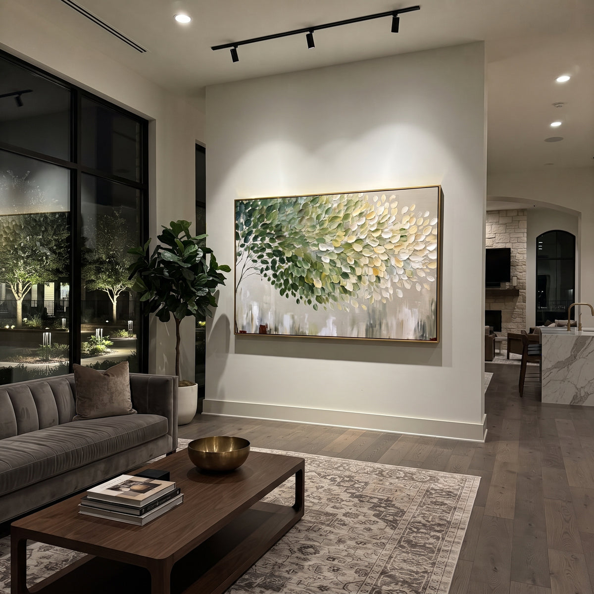 "Light Green Leaf Cluster Painting" focuses on atmosphere, surface movement, and sculptural heavy impasto craftsmanship rather than a fixed literal storyline. The composition uses this hand-painted horizontal canvas features a dense branch of rounded leaves, moving from dark green on the left to soft green, cream, and white on the right, with visible thick paint and a clean neutral lower field as the visual anchor, while layered palette-knife paint, raised plaster-like texture, and softened