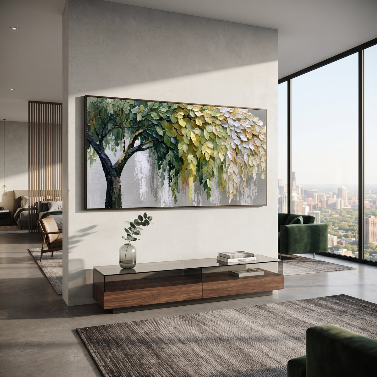 "Hanging Forest Canopy Painting" focuses on atmosphere, surface movement, and sculptural heavy impasto craftsmanship rather than a fixed literal storyline. The composition uses this hand-painted panoramic canvas presents a broad tree canopy with dark branching on the left, hanging green and white leaves on the right, soft grey background texture, and sculpted palette-knife foliage as the visual anchor, while layered palette-knife paint, raised plaster-like texture, and softened brush movement