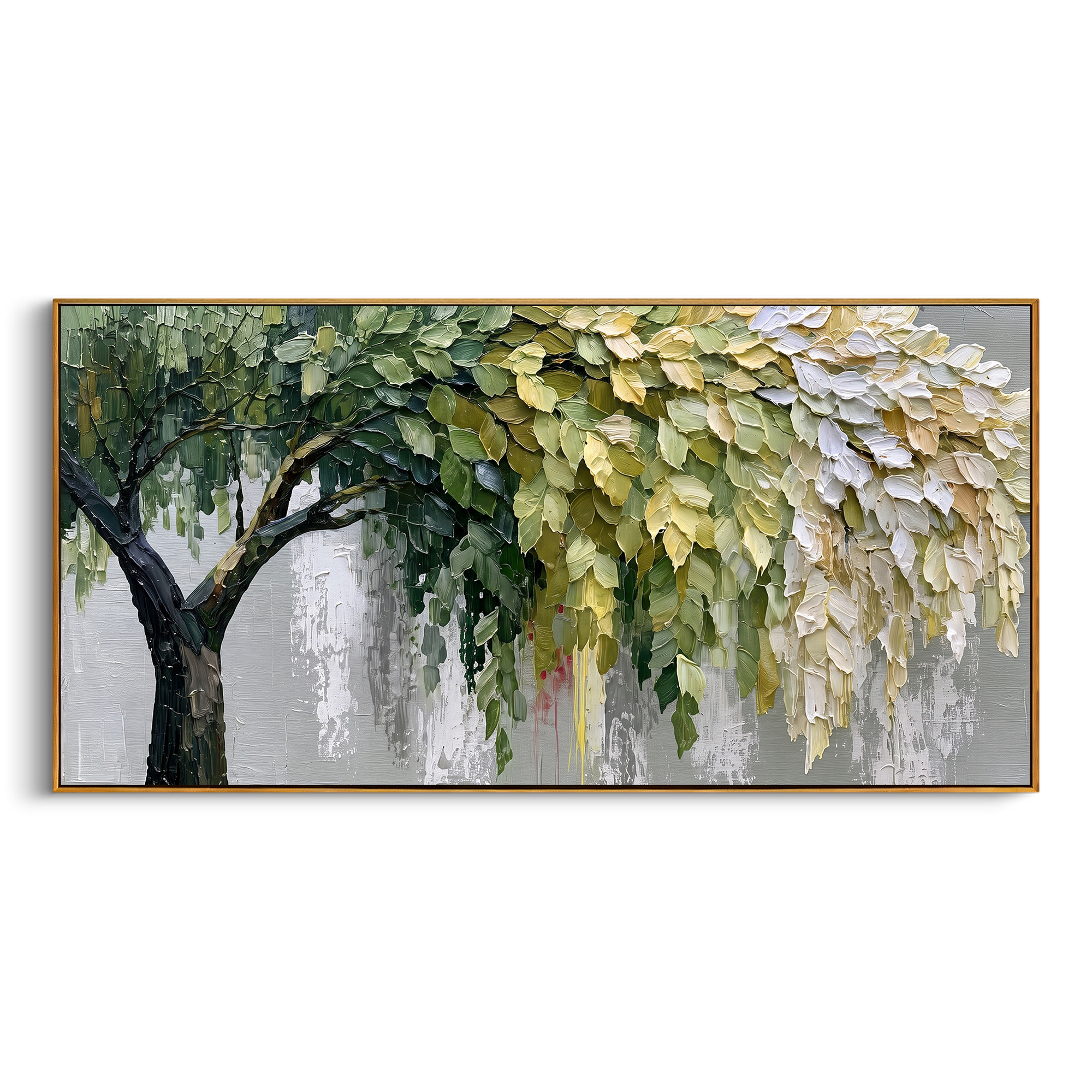 "Hanging Forest Canopy Painting" focuses on atmosphere, surface movement, and sculptural heavy impasto craftsmanship rather than a fixed literal storyline. The composition uses this hand-painted panoramic canvas presents a broad tree canopy with dark branching on the left, hanging green and white leaves on the right, soft grey background texture, and sculpted palette-knife foliage as the visual anchor, while layered palette-knife paint, raised plaster-like texture, and softened brush movement
