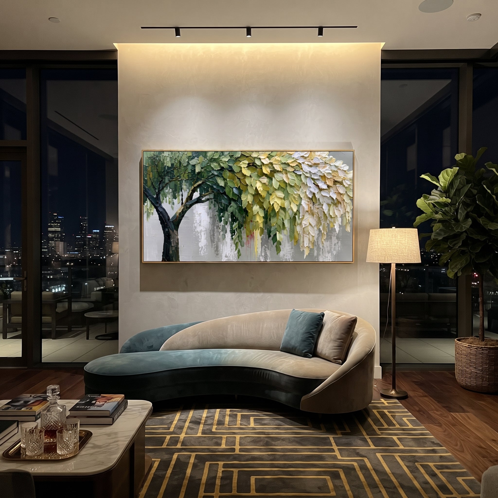 "Hanging Forest Canopy Painting" focuses on atmosphere, surface movement, and sculptural heavy impasto craftsmanship rather than a fixed literal storyline. The composition uses this hand-painted panoramic canvas presents a broad tree canopy with dark branching on the left, hanging green and white leaves on the right, soft grey background texture, and sculpted palette-knife foliage as the visual anchor, while layered palette-knife paint, raised plaster-like texture, and softened brush movement