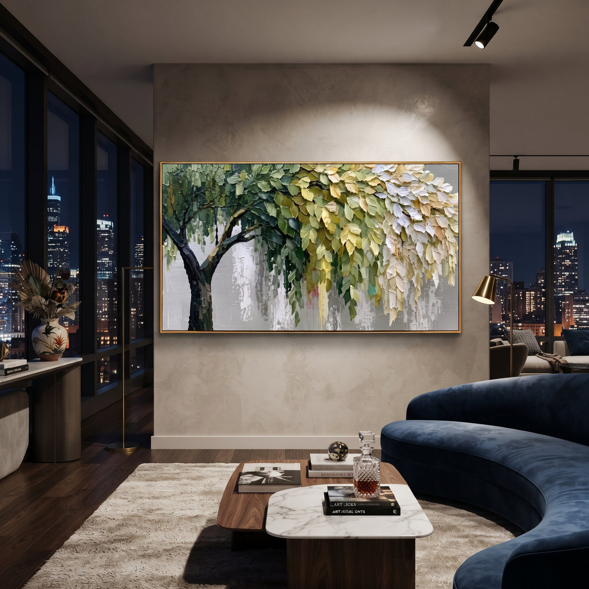 "Hanging Forest Canopy Painting" focuses on atmosphere, surface movement, and sculptural heavy impasto craftsmanship rather than a fixed literal storyline. The composition uses this hand-painted panoramic canvas presents a broad tree canopy with dark branching on the left, hanging green and white leaves on the right, soft grey background texture, and sculpted palette-knife foliage as the visual anchor, while layered palette-knife paint, raised plaster-like texture, and softened brush movement