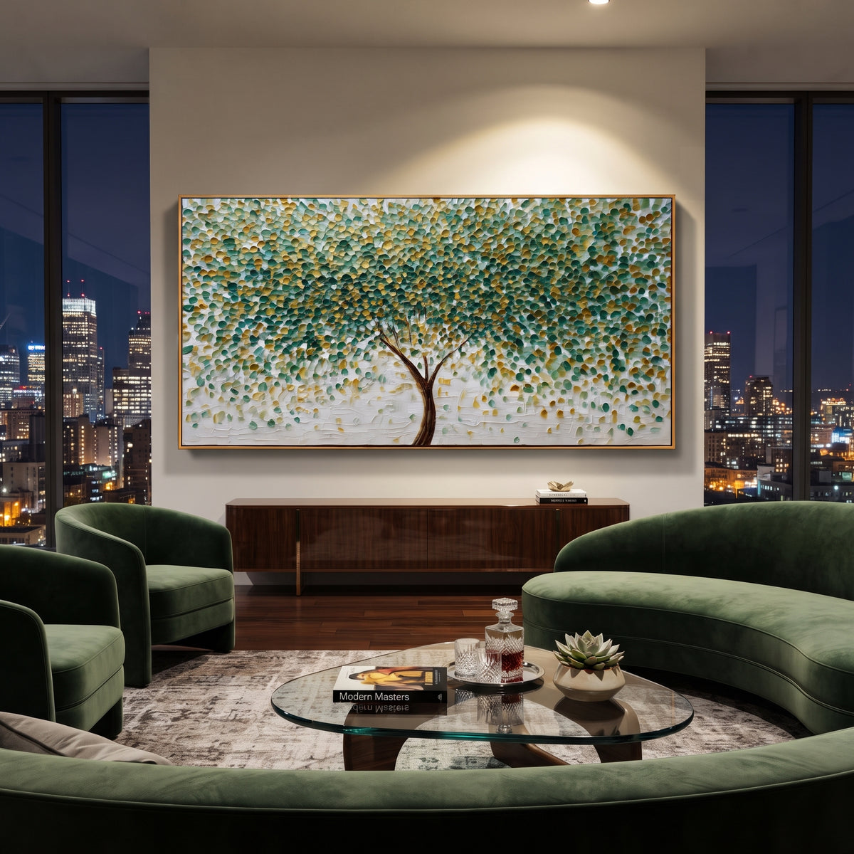 "Round Leaf Tree Painting" focuses on atmosphere, surface movement, and sculptural heavy impasto craftsmanship rather than a fixed literal storyline. The composition uses this hand-painted panoramic canvas shows a centered brown tree with hundreds of small round green and golden leaves, a bright white textured ground, and dot-like impasto marks that create a lively forest canopy effect as the visual anchor, while layered palette-knife paint, raised plaster-like texture, and softened brush