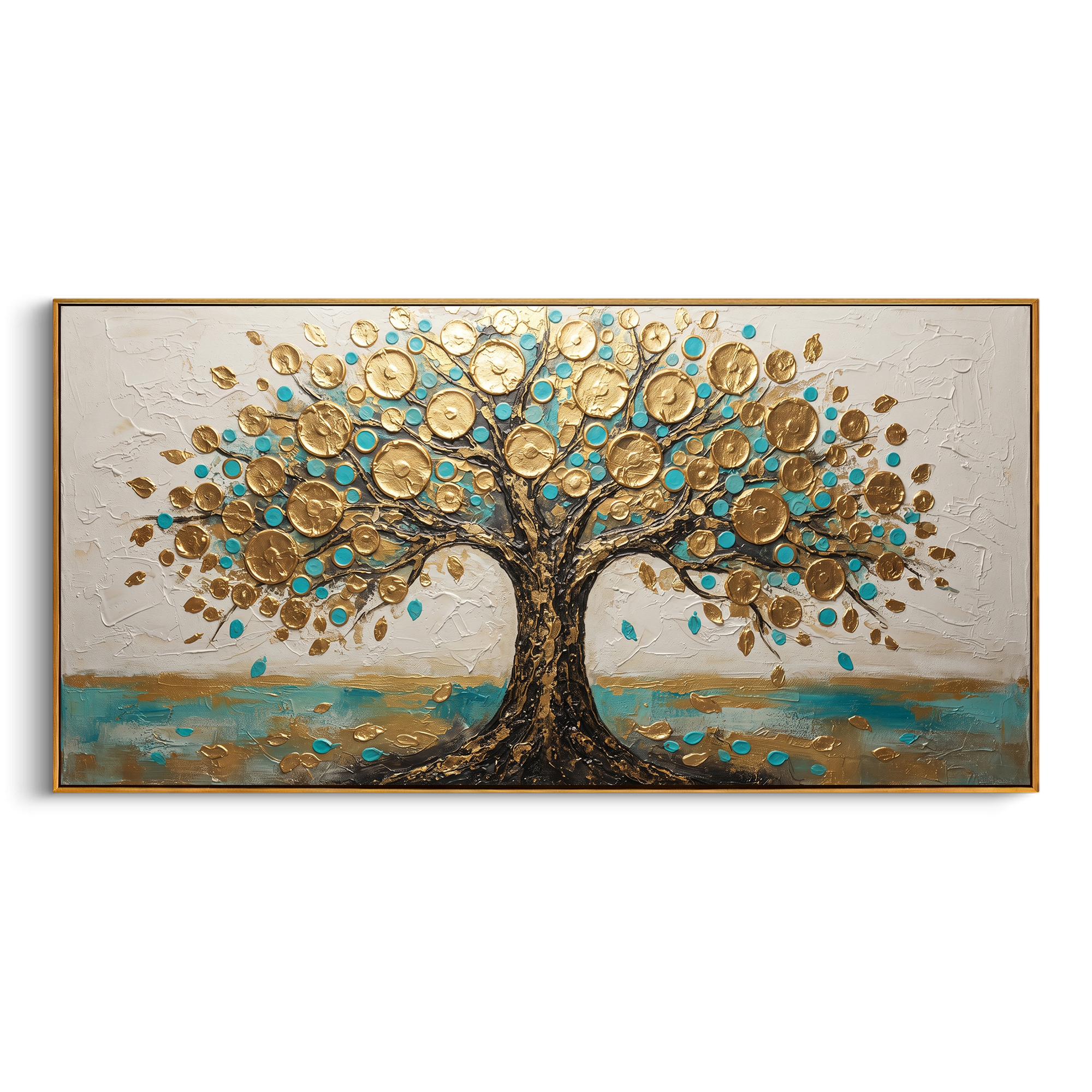 "Turquoise Gold Money Tree Painting" focuses on atmosphere, surface movement, and sculptural heavy impasto craftsmanship rather than a fixed literal storyline. The composition uses this hand-painted panoramic canvas presents a symbolic money tree with a textured dark trunk, raised metallic golden circles, turquoise accents, scattered gold leaves, and a white plaster-textured background as the visual anchor, while layered palette-knife paint, raised plaster-like texture, and softened brush