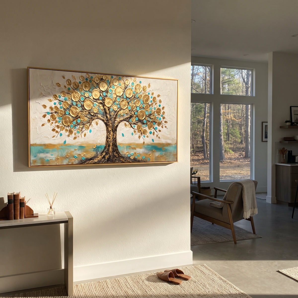"Turquoise Gold Money Tree Painting" focuses on atmosphere, surface movement, and sculptural heavy impasto craftsmanship rather than a fixed literal storyline. The composition uses this hand-painted panoramic canvas presents a symbolic money tree with a textured dark trunk, raised metallic golden circles, turquoise accents, scattered gold leaves, and a white plaster-textured background as the visual anchor, while layered palette-knife paint, raised plaster-like texture, and softened brush