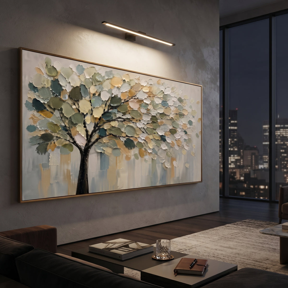 "Cream Gold Tree Canopy Painting" focuses on atmosphere, surface movement, and sculptural heavy impasto craftsmanship rather than a fixed literal storyline. The composition uses this hand-painted panoramic canvas features a soft tree canopy with deep green shadows, cream and golden leaves, fine black branches, a muted grey background, and thick raised palette-knife texture as the visual anchor, while layered palette-knife paint, raised plaster-like texture, and softened brush movement create