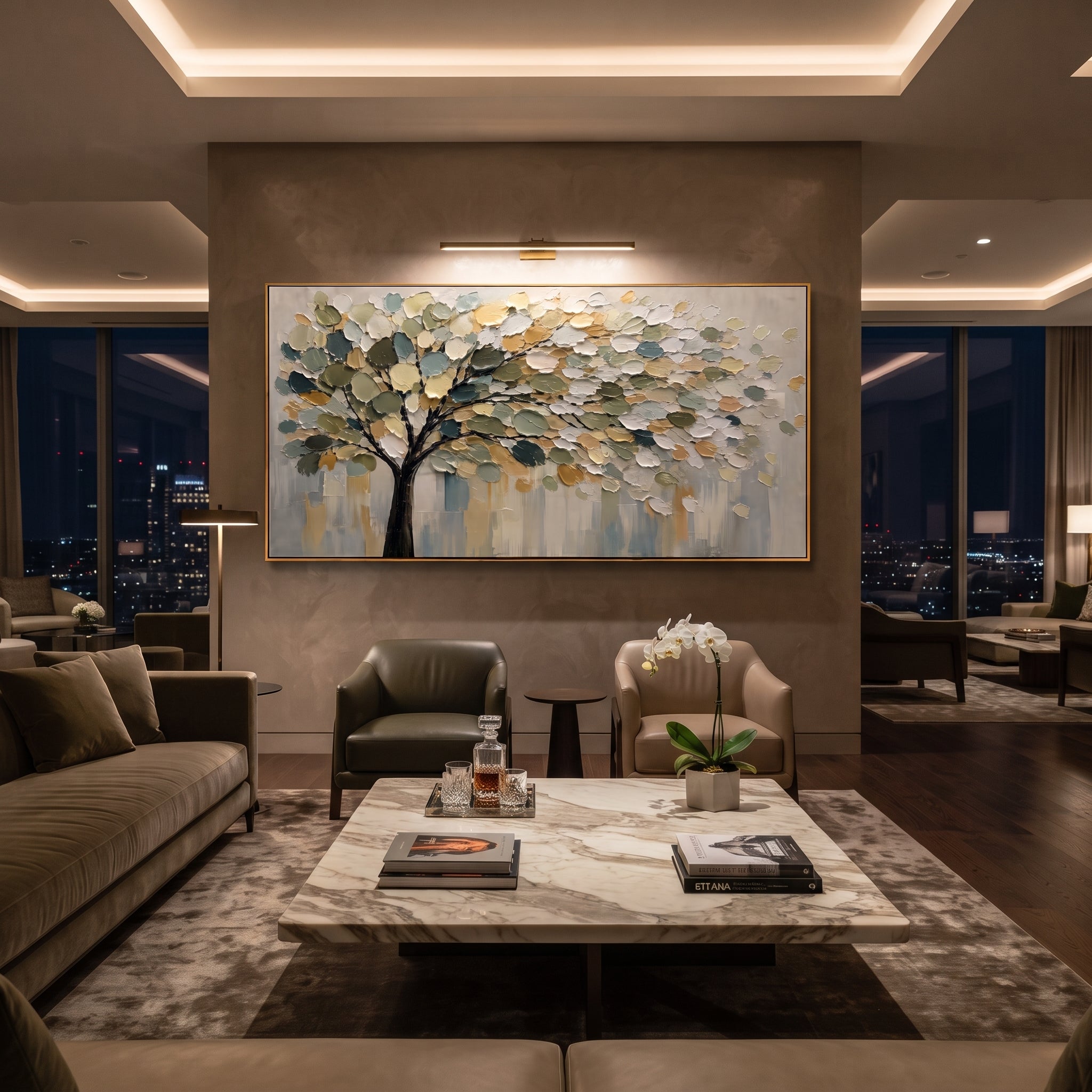 "Cream Gold Tree Canopy Painting" focuses on atmosphere, surface movement, and sculptural heavy impasto craftsmanship rather than a fixed literal storyline. The composition uses this hand-painted panoramic canvas features a soft tree canopy with deep green shadows, cream and golden leaves, fine black branches, a muted grey background, and thick raised palette-knife texture as the visual anchor, while layered palette-knife paint, raised plaster-like texture, and softened brush movement create
