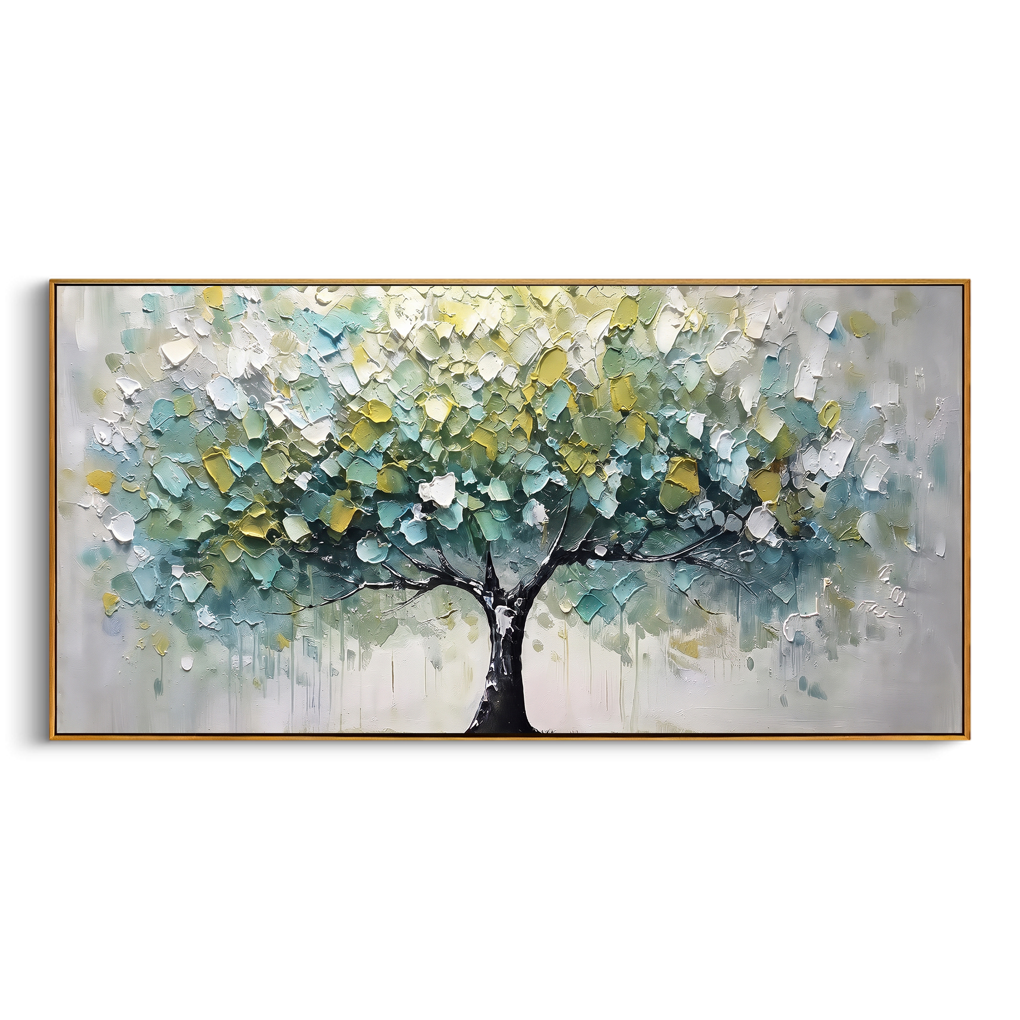 "Neutral Autumn Tree Painting" focuses on atmosphere, surface movement, and sculptural heavy impasto craftsmanship rather than a fixed literal storyline. The composition uses this hand-painted panoramic canvas shows a black-trunk tree with a wide canopy of muted sage, cream, white, and soft ochre leaves, set over a calm neutral background with heavy impasto texture as the visual anchor, while layered palette-knife paint, raised plaster-like texture, and softened brush movement create tactile
