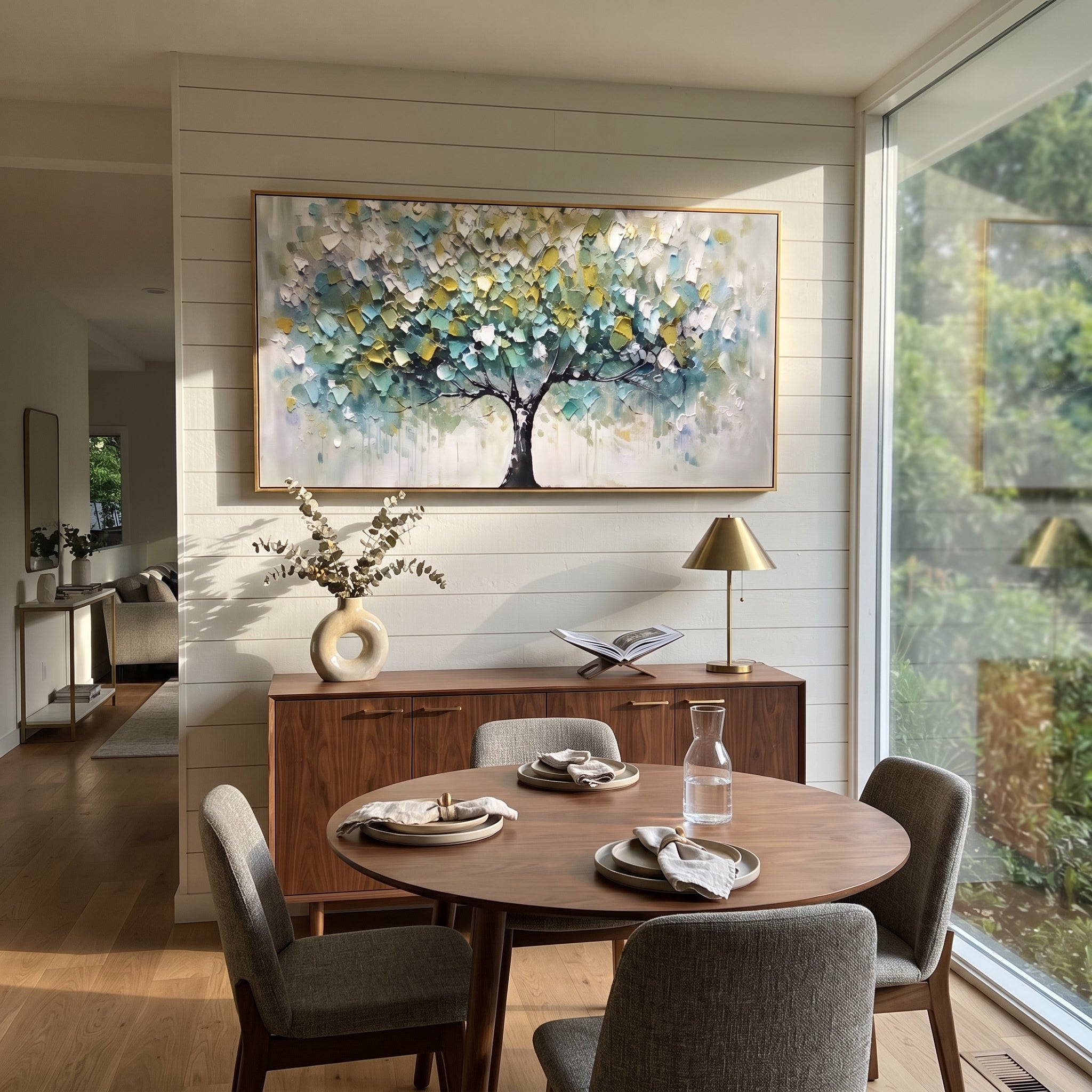 "Neutral Autumn Tree Painting" focuses on atmosphere, surface movement, and sculptural heavy impasto craftsmanship rather than a fixed literal storyline. The composition uses this hand-painted panoramic canvas shows a black-trunk tree with a wide canopy of muted sage, cream, white, and soft ochre leaves, set over a calm neutral background with heavy impasto texture as the visual anchor, while layered palette-knife paint, raised plaster-like texture, and softened brush movement create tactile
