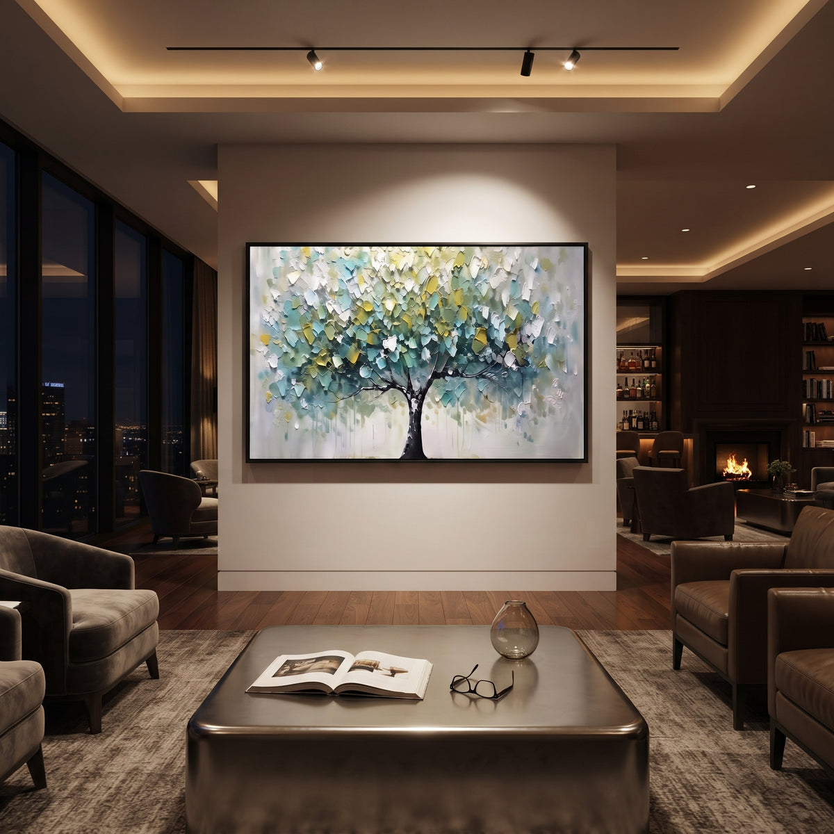 "Neutral Autumn Tree Painting" focuses on atmosphere, surface movement, and sculptural heavy impasto craftsmanship rather than a fixed literal storyline. The composition uses this hand-painted panoramic canvas shows a black-trunk tree with a wide canopy of muted sage, cream, white, and soft ochre leaves, set over a calm neutral background with heavy impasto texture as the visual anchor, while layered palette-knife paint, raised plaster-like texture, and softened brush movement create tactile