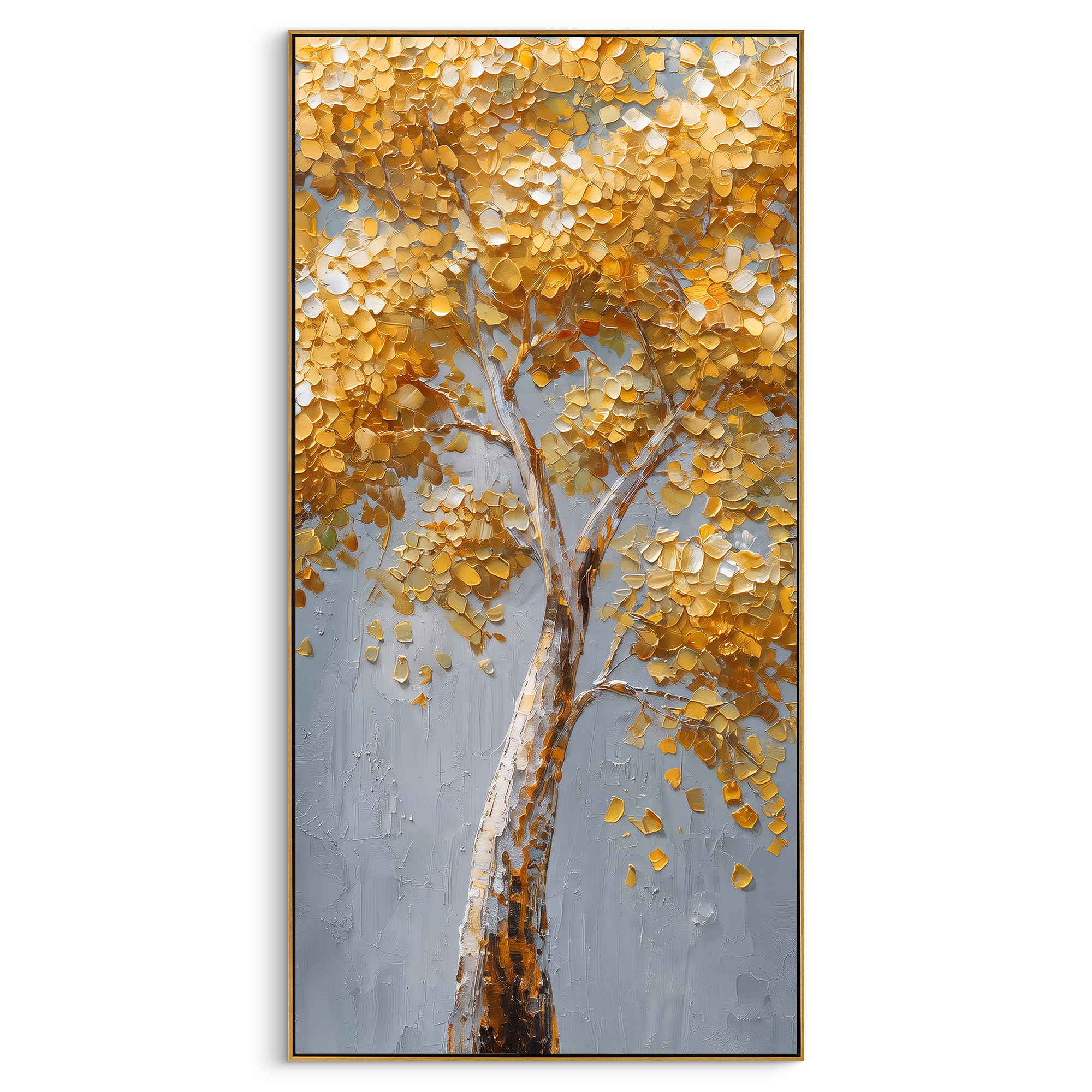 "Golden Vertical Birch Tree Painting" focuses on atmosphere, surface movement, and sculptural heavy impasto craftsmanship rather than a fixed literal storyline. The composition uses this hand-painted vertical canvas presents a tall birch-like tree with glowing golden foliage, white and grey bark, a cool grey background, and thick raised impasto leaves clustered through the upper branches as the visual anchor, while layered palette-knife paint, raised plaster-like texture, and softened brush