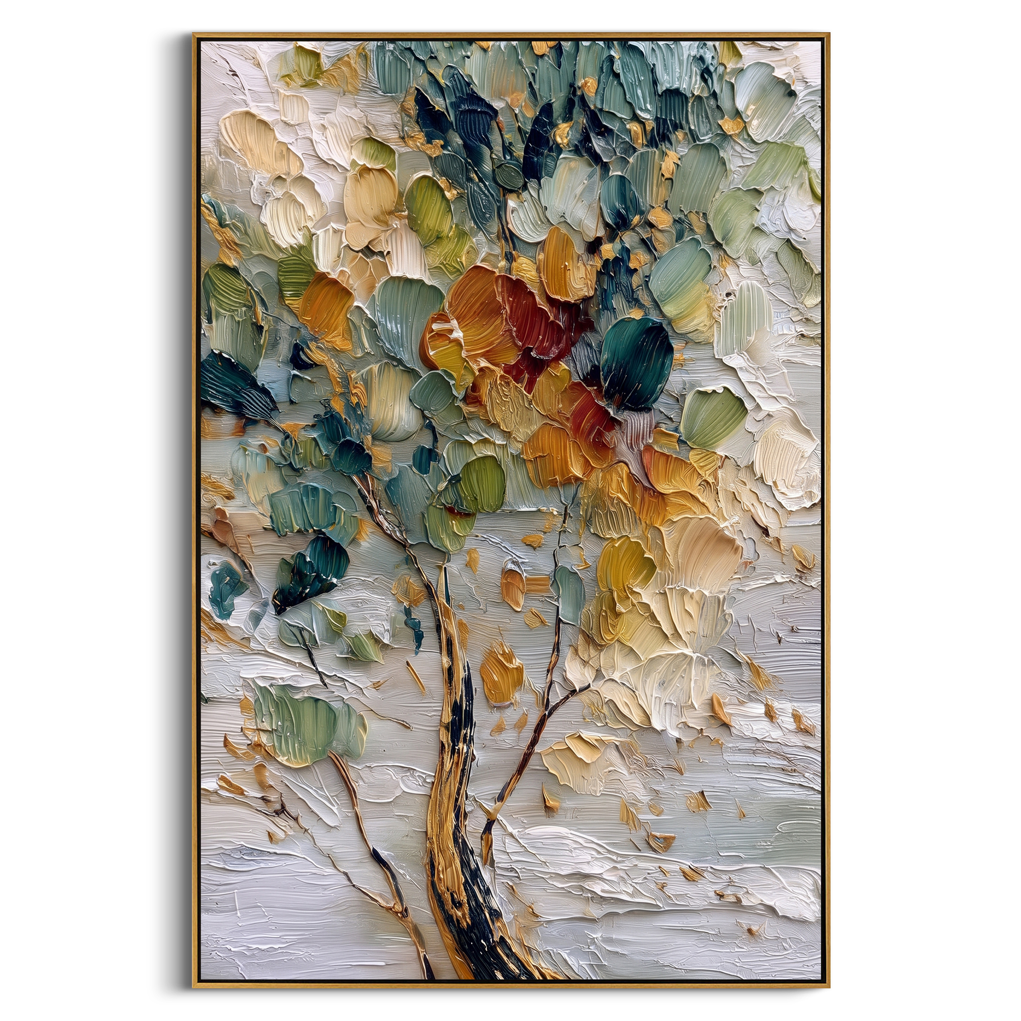 "Colorful Abstract Tree Painting" focuses on atmosphere, surface movement, and sculptural heavy impasto craftsmanship rather than a fixed literal storyline. The composition uses this hand-painted vertical canvas features a close-up abstract tree with layered teal, green, cream, golden, and red-orange leaves, dark branch lines, and a heavily textured palette-knife surface as the visual anchor, while layered palette-knife paint, raised plaster-like texture, and softened brush movement create