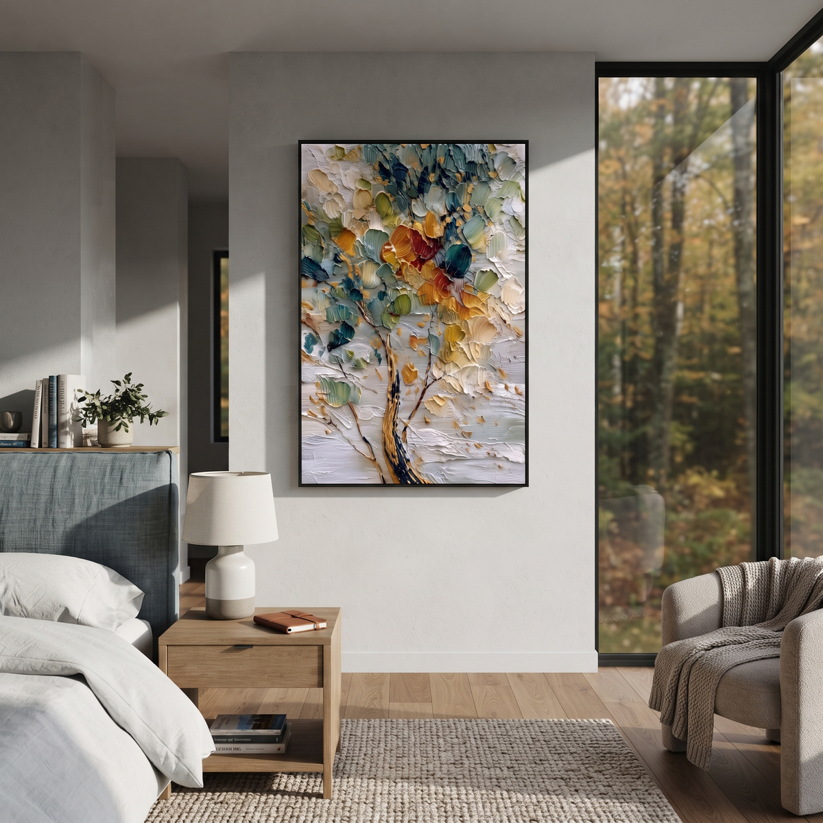 "Colorful Abstract Tree Painting" focuses on atmosphere, surface movement, and sculptural heavy impasto craftsmanship rather than a fixed literal storyline. The composition uses this hand-painted vertical canvas features a close-up abstract tree with layered teal, green, cream, golden, and red-orange leaves, dark branch lines, and a heavily textured palette-knife surface as the visual anchor, while layered palette-knife paint, raised plaster-like texture, and softened brush movement create