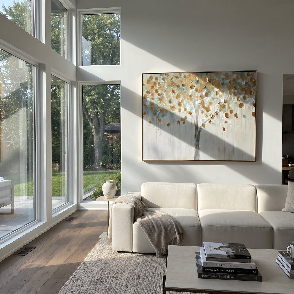 "Pale Gold Tree Painting" focuses on atmosphere, surface movement, and sculptural heavy impasto craftsmanship rather than a fixed literal storyline. The composition uses this hand-painted horizontal canvas presents a pale horizontal tree with scattered metallic golden leaves, a slim grey trunk, light blue-green haze, and soft white dripping texture, with visible raised palette-knife paint and handmade surface depth as the visual anchor, while layered palette-knife paint, raised plaster-like