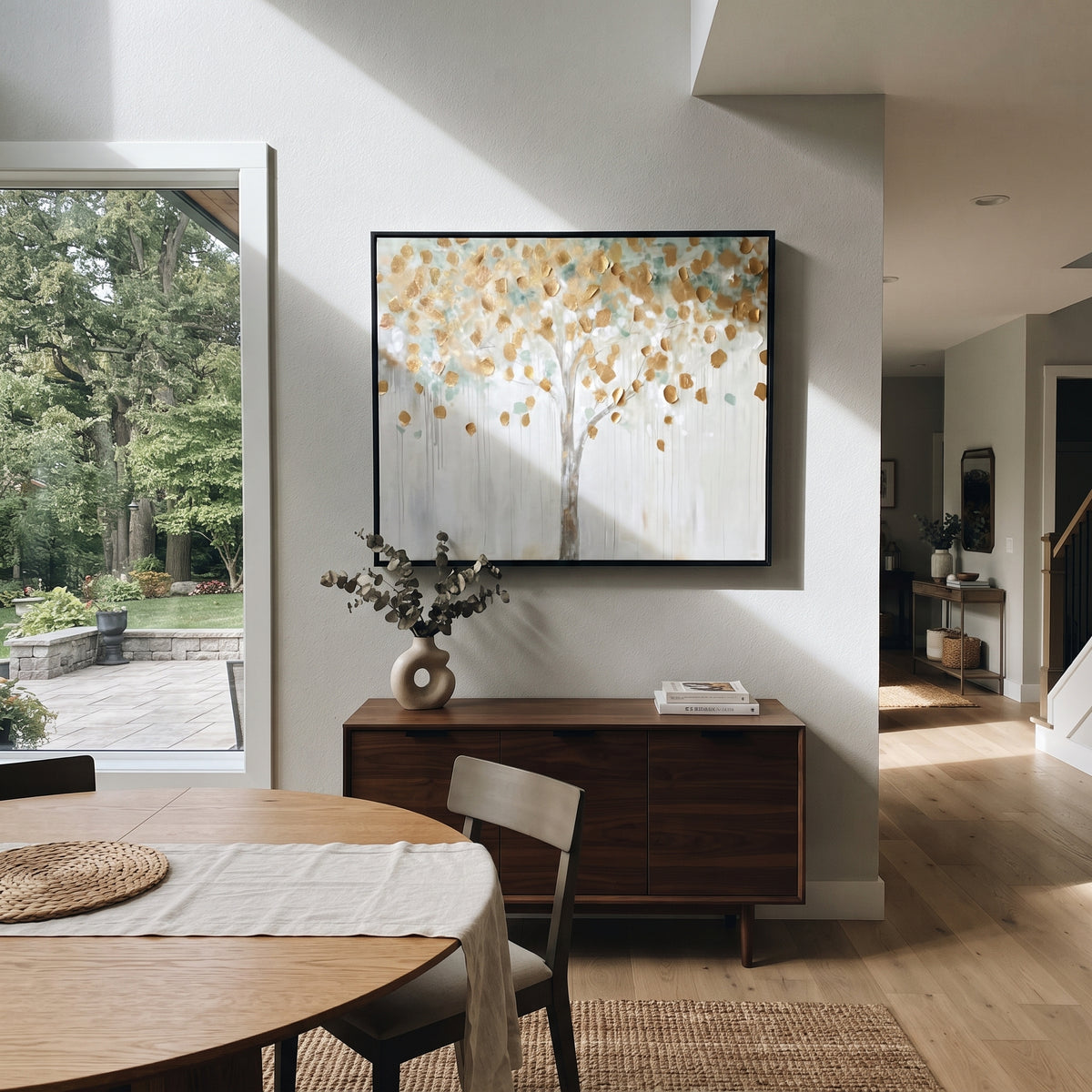 "Pale Gold Tree Painting" focuses on atmosphere, surface movement, and sculptural heavy impasto craftsmanship rather than a fixed literal storyline. The composition uses this hand-painted horizontal canvas presents a pale horizontal tree with scattered metallic golden leaves, a slim grey trunk, light blue-green haze, and soft white dripping texture, with visible raised palette-knife paint and handmade surface depth as the visual anchor, while layered palette-knife paint, raised plaster-like