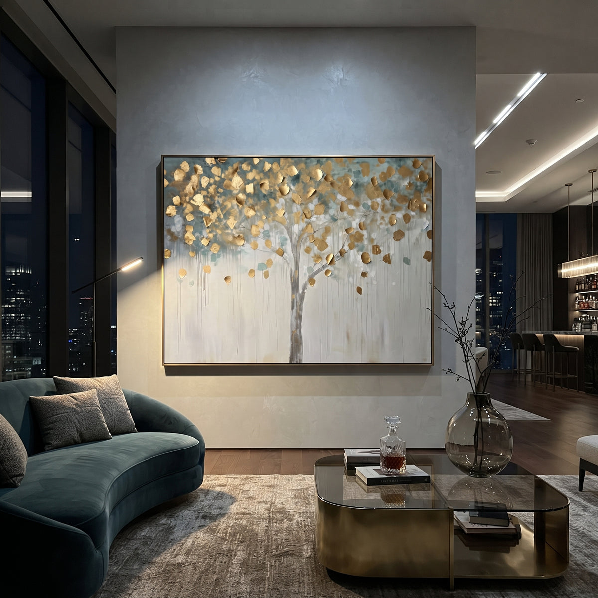 "Pale Gold Tree Painting" focuses on atmosphere, surface movement, and sculptural heavy impasto craftsmanship rather than a fixed literal storyline. The composition uses this hand-painted horizontal canvas presents a pale horizontal tree with scattered metallic golden leaves, a slim grey trunk, light blue-green haze, and soft white dripping texture, with visible raised palette-knife paint and handmade surface depth as the visual anchor, while layered palette-knife paint, raised plaster-like