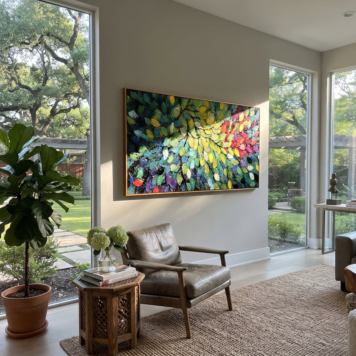 "Colorful Forest Leaves Painting" focuses on atmosphere, surface movement, and sculptural heavy impasto craftsmanship rather than a fixed literal storyline. The composition uses this hand-painted panoramic canvas presents a dense panoramic leaf canopy with emerald green, yellow, red, purple, and blue leaves over dark branch lines, with visible raised palette-knife paint and handmade surface depth as the visual anchor, while layered palette-knife paint, raised plaster-like texture, and softened