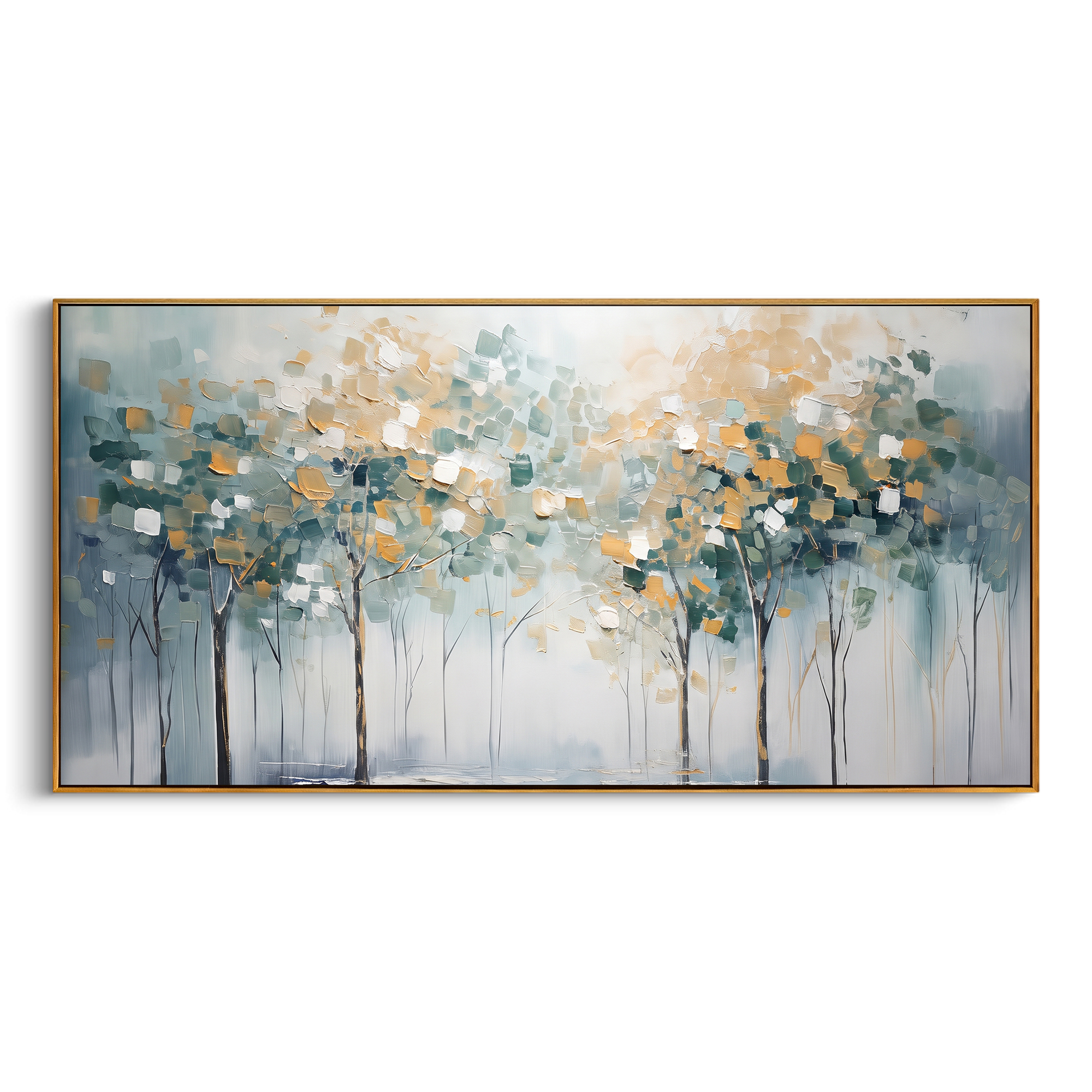 "Misty Abstract Forest Painting" focuses on atmosphere, surface movement, and sculptural heavy impasto craftsmanship rather than a fixed literal storyline. The composition uses this hand-painted panoramic canvas presents a panoramic misty forest with slim dark tree trunks, blue-grey atmosphere, white light, and soft ochre leaf blocks, with visible raised palette-knife paint and handmade surface depth as the visual anchor, while layered palette-knife paint, raised plaster-like texture, and