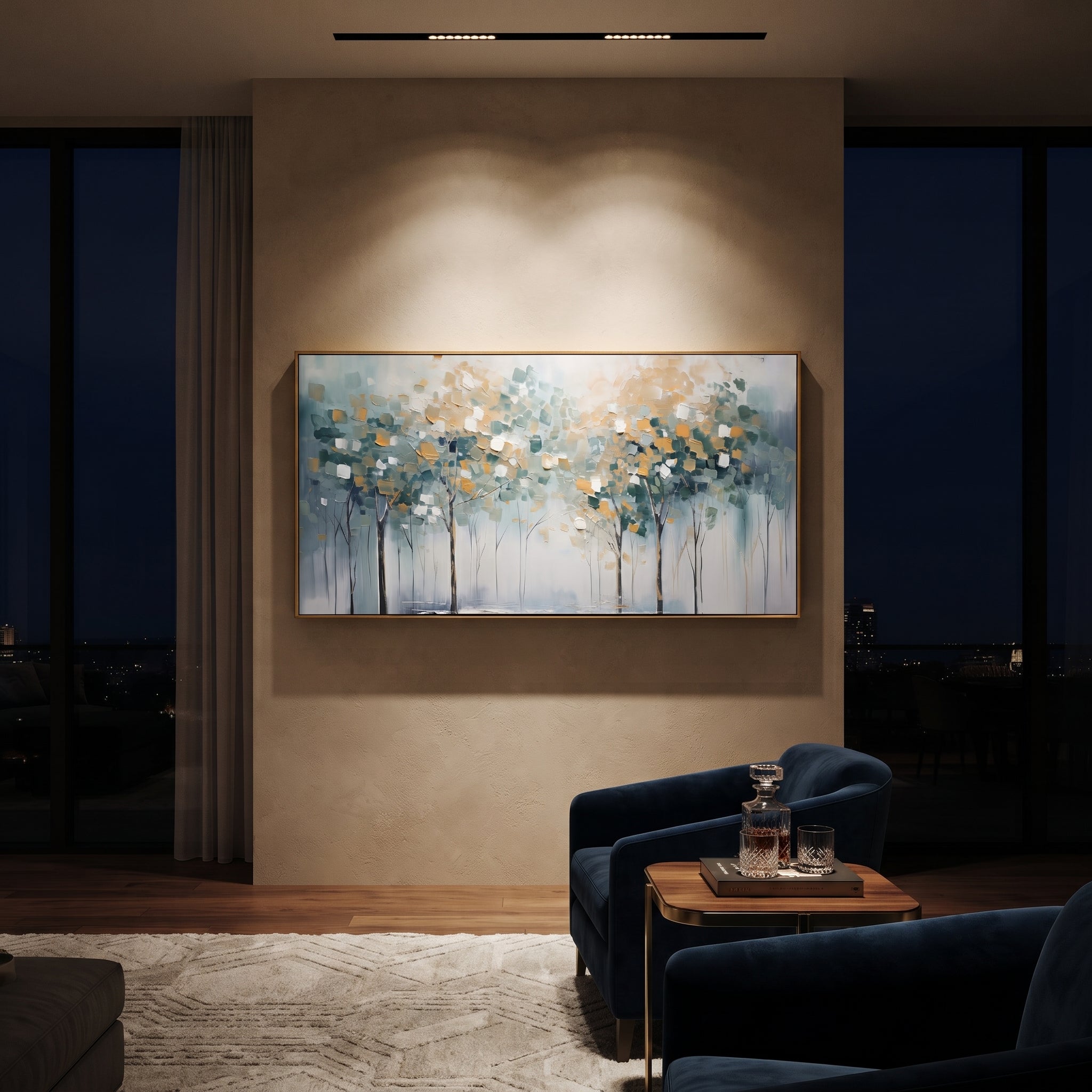 "Misty Abstract Forest Painting" focuses on atmosphere, surface movement, and sculptural heavy impasto craftsmanship rather than a fixed literal storyline. The composition uses this hand-painted panoramic canvas presents a panoramic misty forest with slim dark tree trunks, blue-grey atmosphere, white light, and soft ochre leaf blocks, with visible raised palette-knife paint and handmade surface depth as the visual anchor, while layered palette-knife paint, raised plaster-like texture, and