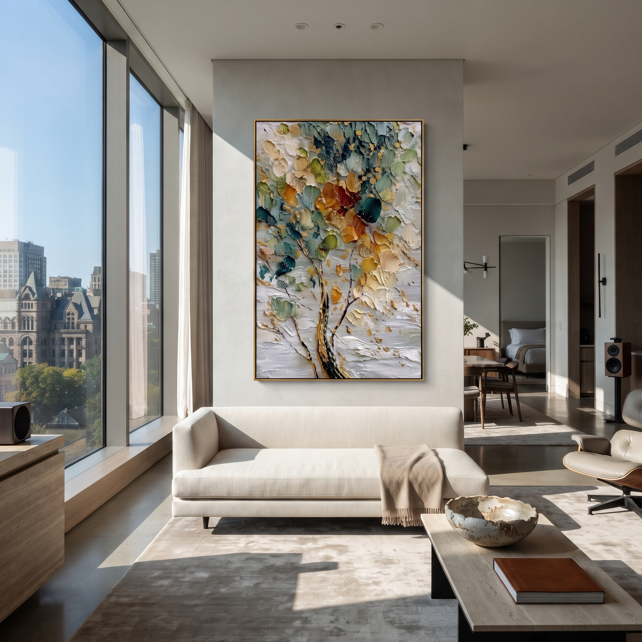 "Textured Color Leaf Tree Painting" focuses on atmosphere, surface movement, and sculptural heavy impasto craftsmanship rather than a fixed literal storyline. The composition uses this hand-painted vertical canvas presents a vertical close-up tree with teal-green leaves, cream petals, golden strokes, red-orange accents, and thick impasto texture, with visible raised palette-knife paint and handmade surface depth as the visual anchor, while layered palette-knife paint, raised plaster-like