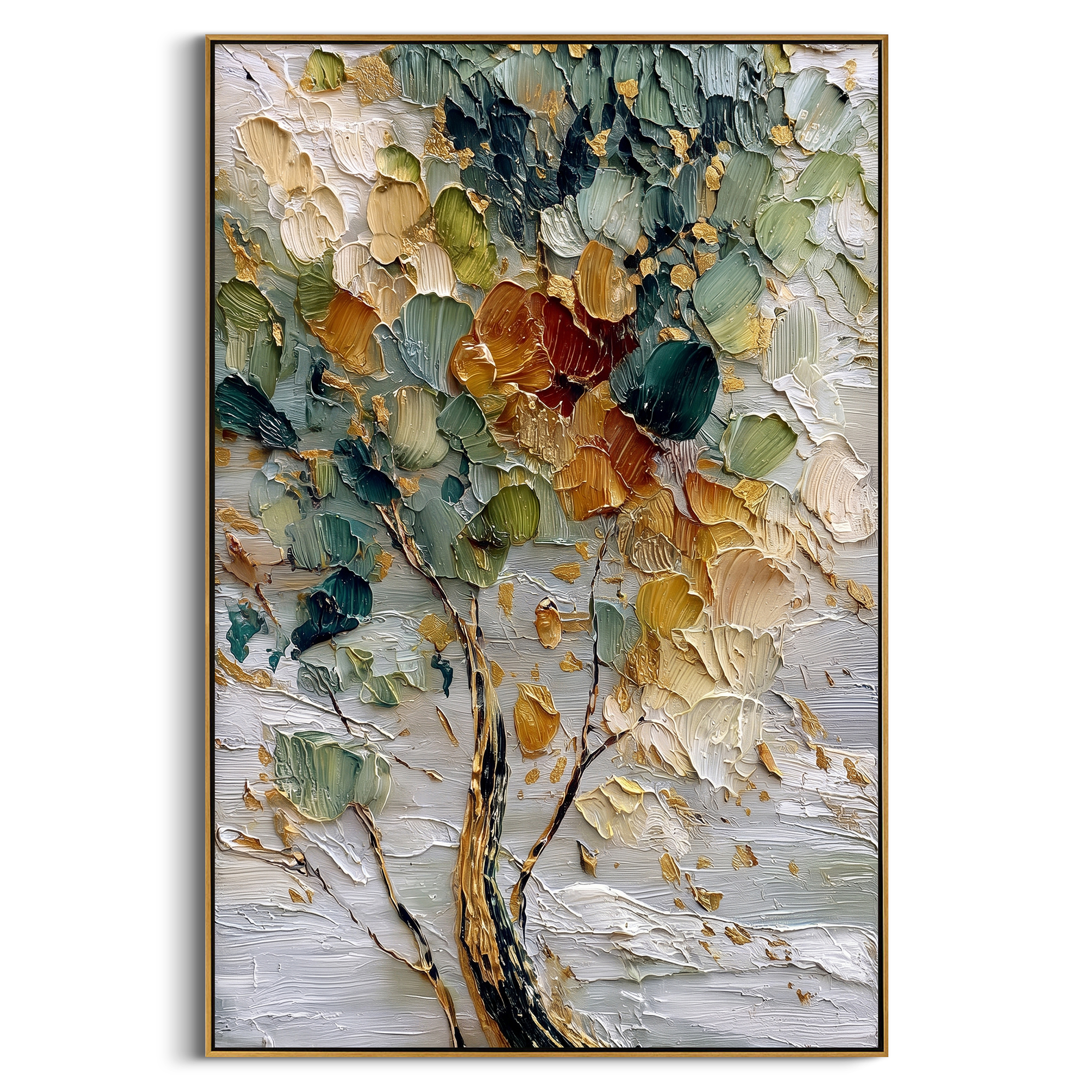 "Textured Color Leaf Tree Painting" focuses on atmosphere, surface movement, and sculptural heavy impasto craftsmanship rather than a fixed literal storyline. The composition uses this hand-painted vertical canvas presents a vertical close-up tree with teal-green leaves, cream petals, golden strokes, red-orange accents, and thick impasto texture, with visible raised palette-knife paint and handmade surface depth as the visual anchor, while layered palette-knife paint, raised plaster-like