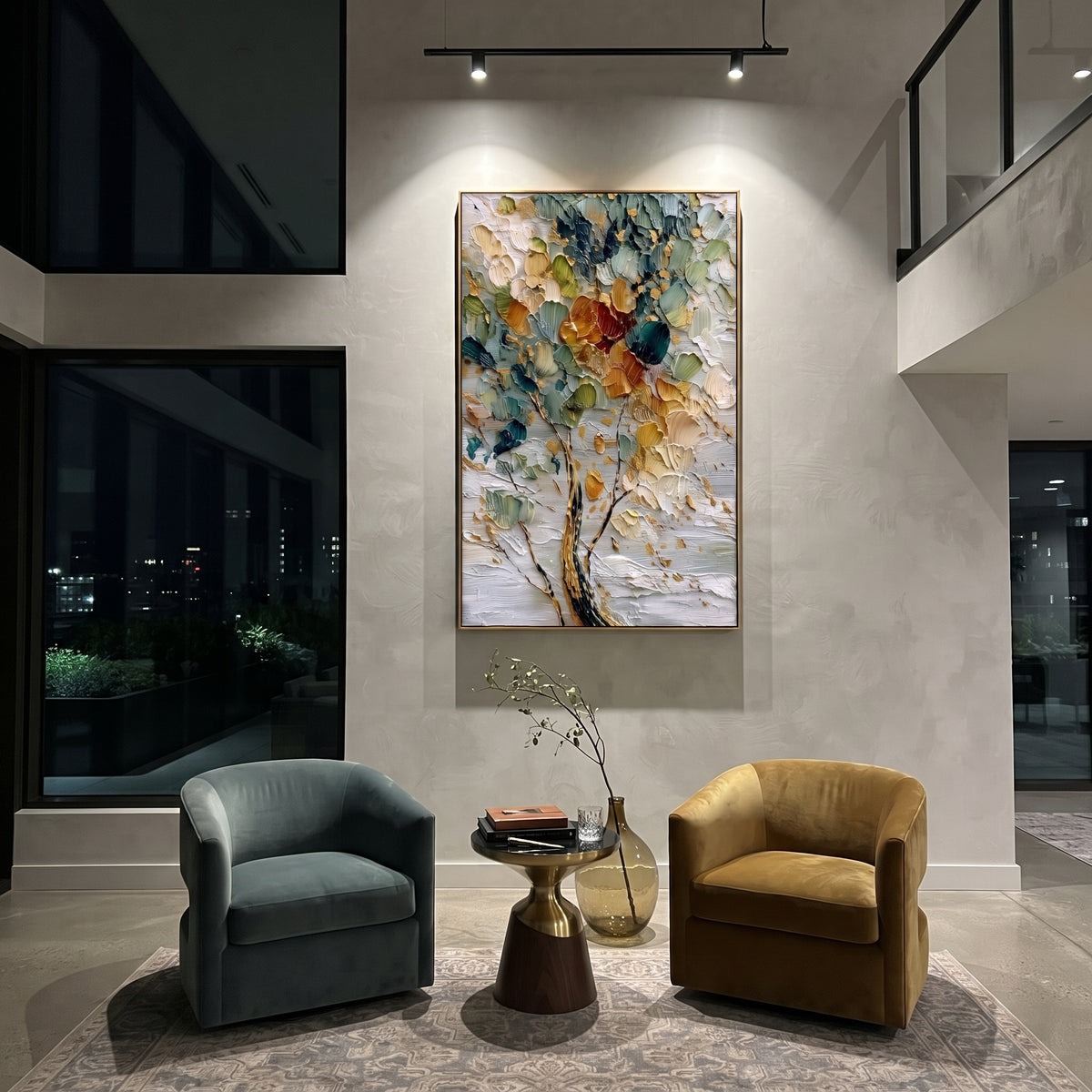 "Textured Color Leaf Tree Painting" focuses on atmosphere, surface movement, and sculptural heavy impasto craftsmanship rather than a fixed literal storyline. The composition uses this hand-painted vertical canvas presents a vertical close-up tree with teal-green leaves, cream petals, golden strokes, red-orange accents, and thick impasto texture, with visible raised palette-knife paint and handmade surface depth as the visual anchor, while layered palette-knife paint, raised plaster-like