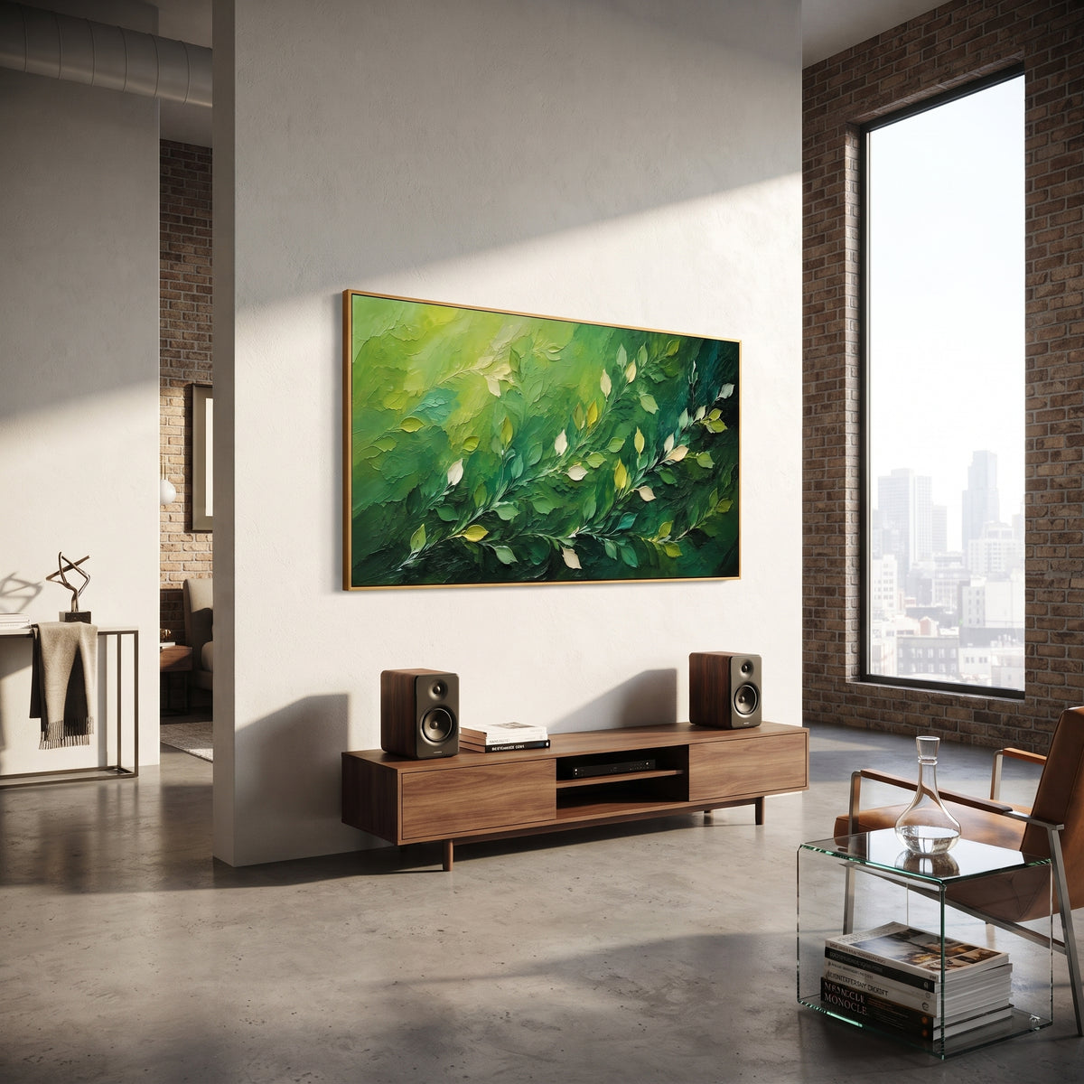 "Deep Green Leaf Branch Painting" focuses on atmosphere, surface movement, and sculptural heavy impasto craftsmanship rather than a fixed literal storyline. The composition uses this hand-painted panoramic canvas presents a deep green panoramic branch composition with diagonal leafy stems, pale cream leaf highlights, and dense dark woodland texture, with visible raised palette-knife paint and handmade surface depth as the visual anchor, while layered palette-knife paint, raised plaster-like