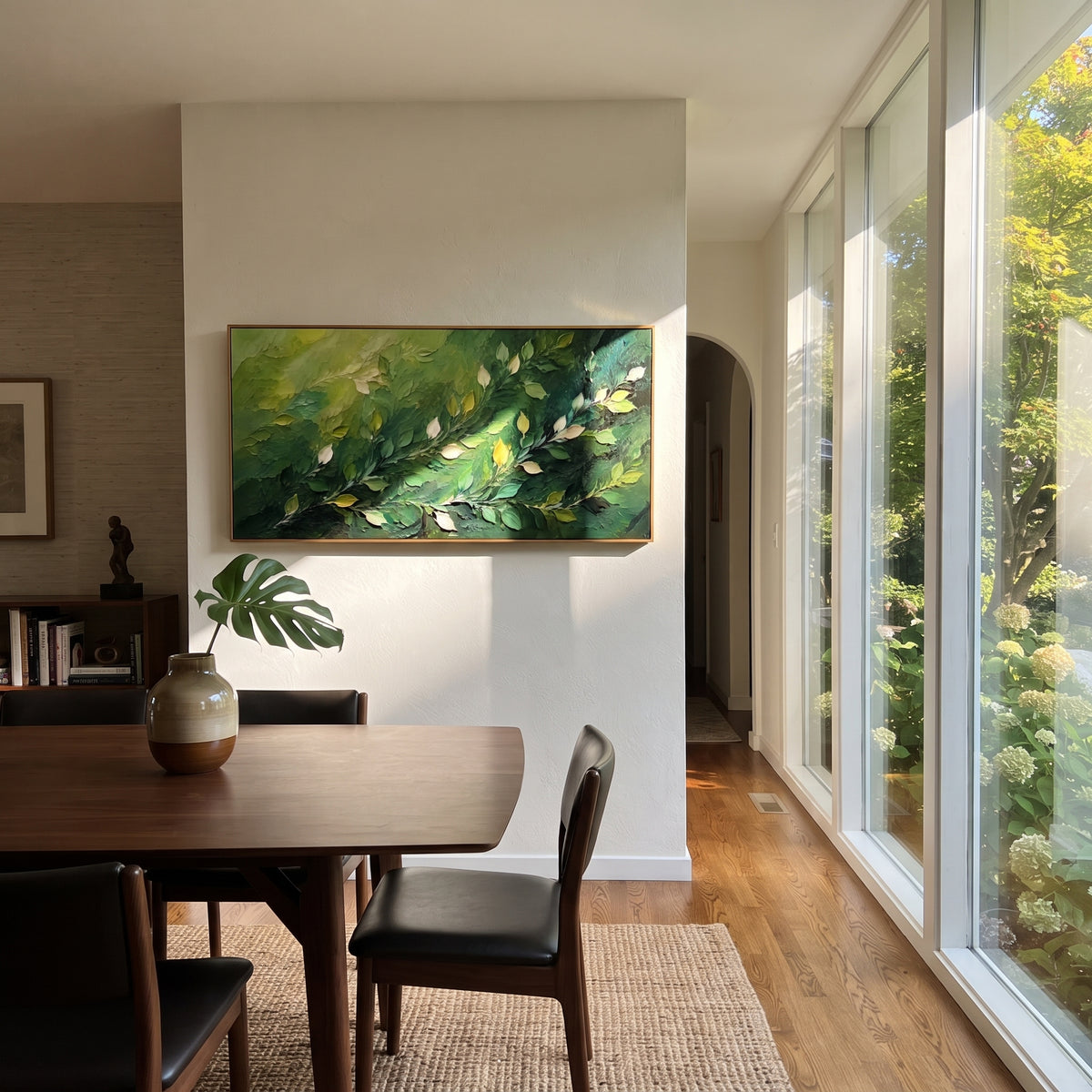"Deep Green Leaf Branch Painting" focuses on atmosphere, surface movement, and sculptural heavy impasto craftsmanship rather than a fixed literal storyline. The composition uses this hand-painted panoramic canvas presents a deep green panoramic branch composition with diagonal leafy stems, pale cream leaf highlights, and dense dark woodland texture, with visible raised palette-knife paint and handmade surface depth as the visual anchor, while layered palette-knife paint, raised plaster-like