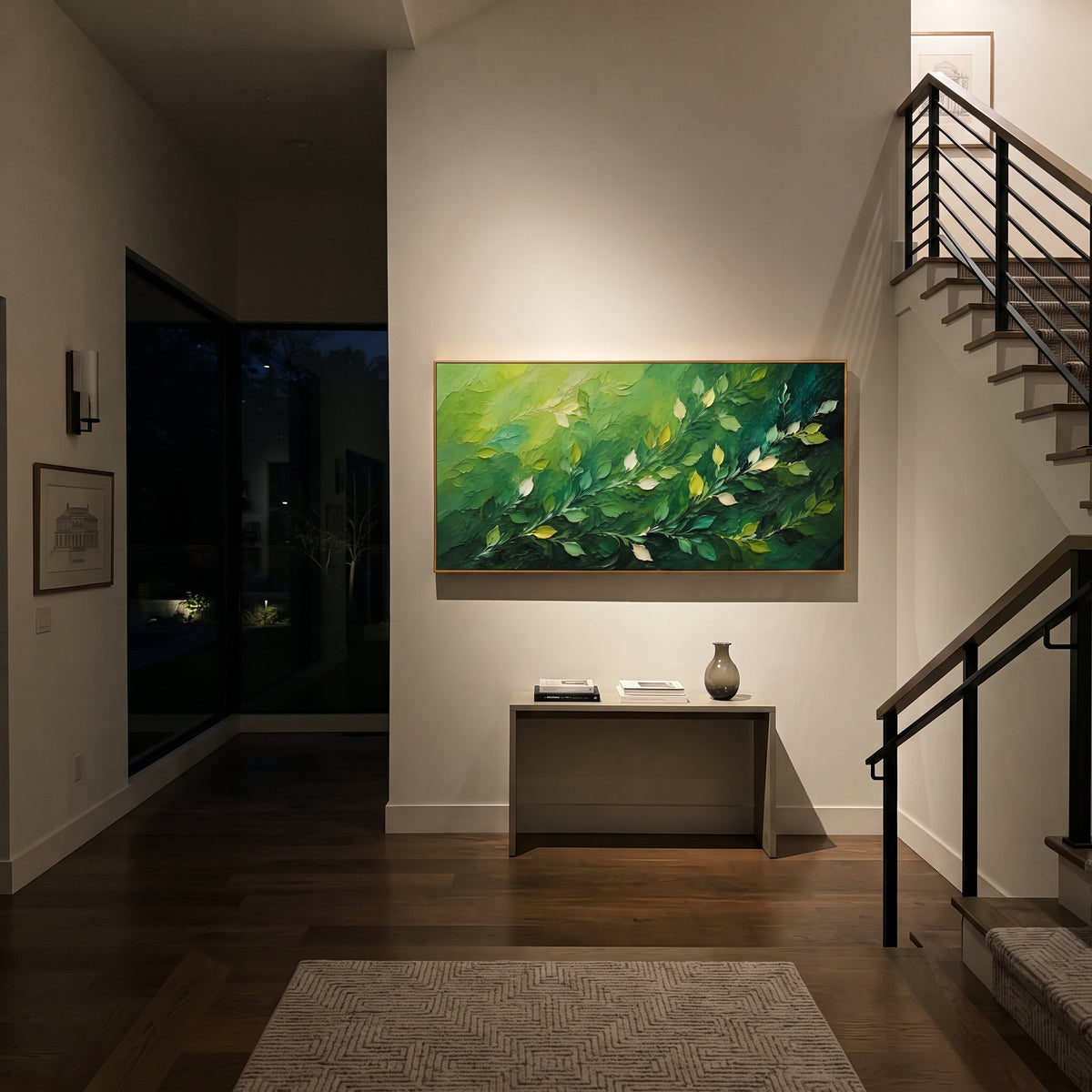 "Deep Green Leaf Branch Painting" focuses on atmosphere, surface movement, and sculptural heavy impasto craftsmanship rather than a fixed literal storyline. The composition uses this hand-painted panoramic canvas presents a deep green panoramic branch composition with diagonal leafy stems, pale cream leaf highlights, and dense dark woodland texture, with visible raised palette-knife paint and handmade surface depth as the visual anchor, while layered palette-knife paint, raised plaster-like