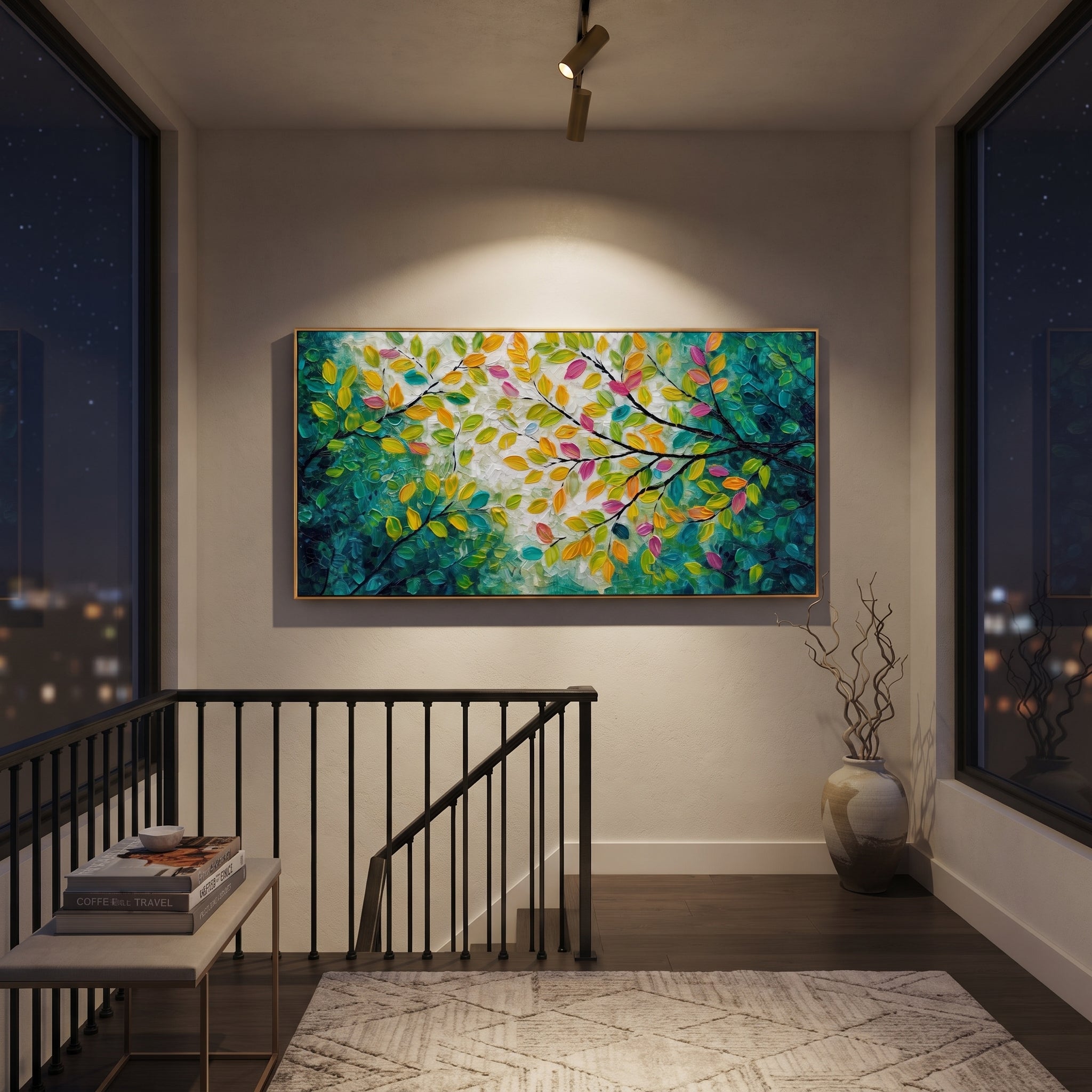 "Bright Color Forest Branch Painting" focuses on atmosphere, surface movement, and sculptural heavy impasto craftsmanship rather than a fixed literal storyline. The composition uses this hand-painted panoramic canvas presents a panoramic branch canopy with yellow, orange, pink, and green leaves over dark sweeping limbs and a textured green-white center, with visible raised palette-knife paint and handmade surface depth as the visual anchor, while layered palette-knife paint, raised plaster-like