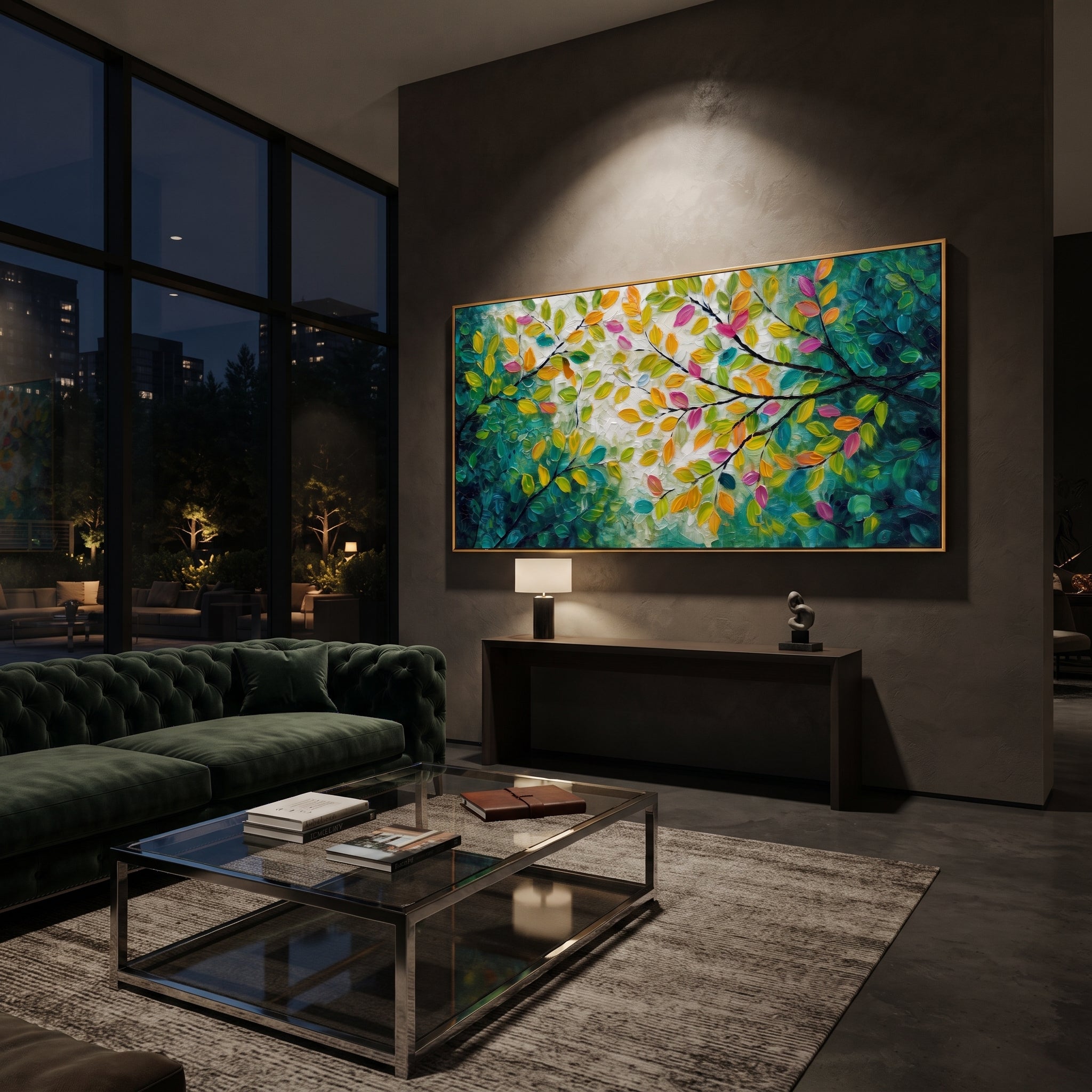 "Bright Color Forest Branch Painting" focuses on atmosphere, surface movement, and sculptural heavy impasto craftsmanship rather than a fixed literal storyline. The composition uses this hand-painted panoramic canvas presents a panoramic branch canopy with yellow, orange, pink, and green leaves over dark sweeping limbs and a textured green-white center, with visible raised palette-knife paint and handmade surface depth as the visual anchor, while layered palette-knife paint, raised plaster-like