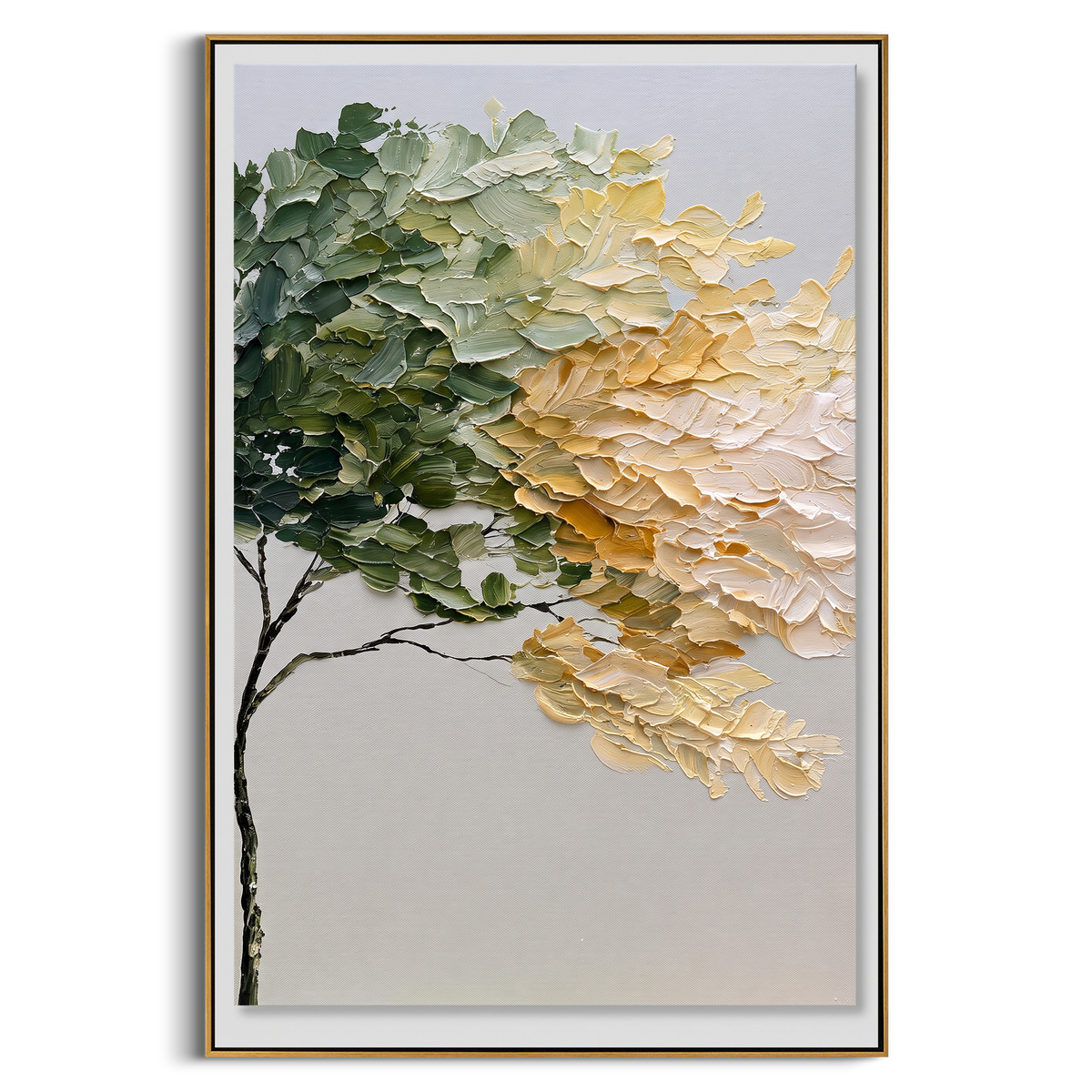 "White Gold Leaning Tree Painting" focuses on atmosphere, surface movement, and sculptural heavy impasto craftsmanship rather than a fixed literal storyline. The composition uses this hand-painted vertical canvas presents a vertical leaning tree with dark green foliage on the left, creamy white and golden leaf mass on the right, and a clean pale background, with visible raised palette-knife paint and handmade surface depth as the visual anchor, while layered palette-knife paint, raised