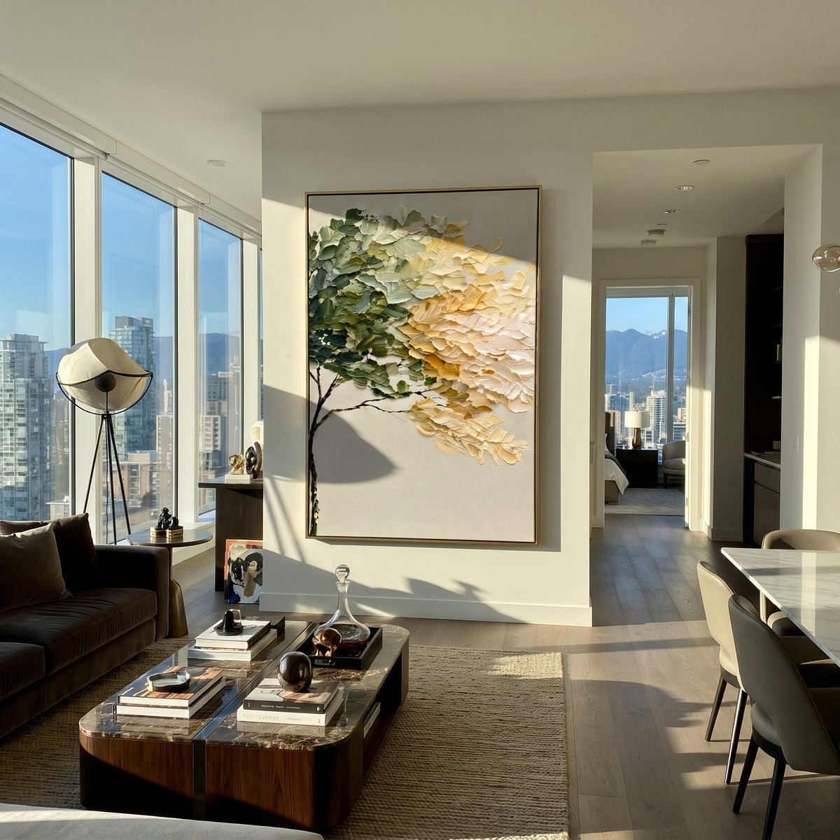 "White Gold Leaning Tree Painting" focuses on atmosphere, surface movement, and sculptural heavy impasto craftsmanship rather than a fixed literal storyline. The composition uses this hand-painted vertical canvas presents a vertical leaning tree with dark green foliage on the left, creamy white and golden leaf mass on the right, and a clean pale background, with visible raised palette-knife paint and handmade surface depth as the visual anchor, while layered palette-knife paint, raised