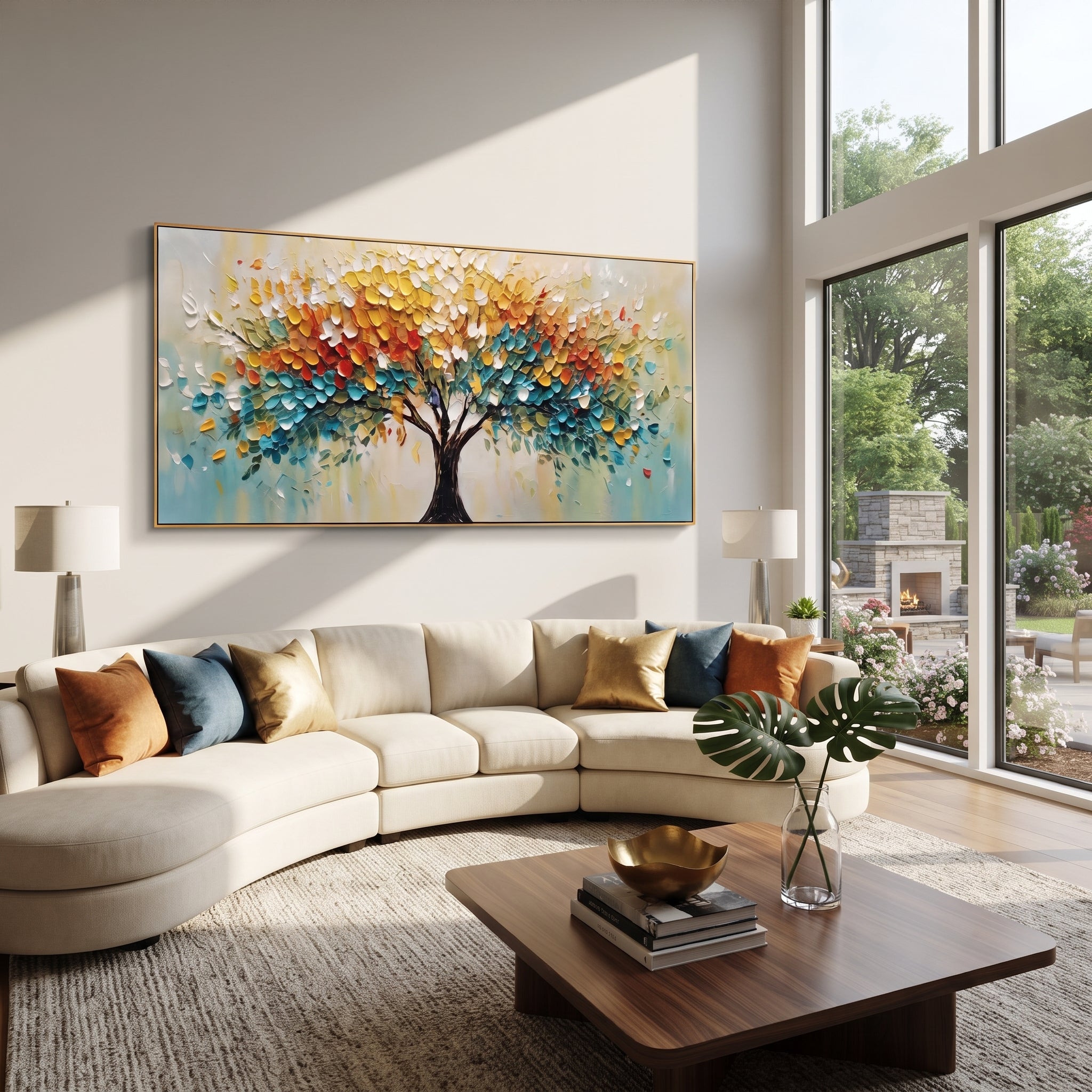 "Rainbow Life Tree Painting" focuses on atmosphere, surface movement, and sculptural heavy impasto craftsmanship rather than a fixed literal storyline. The composition uses this hand-painted panoramic canvas presents a panoramic life tree with a black trunk, bright yellow and orange foliage, teal-blue lower leaves, and lively raised impasto marks, with visible raised palette-knife paint and handmade surface depth as the visual anchor, while layered palette-knife paint, raised plaster-like