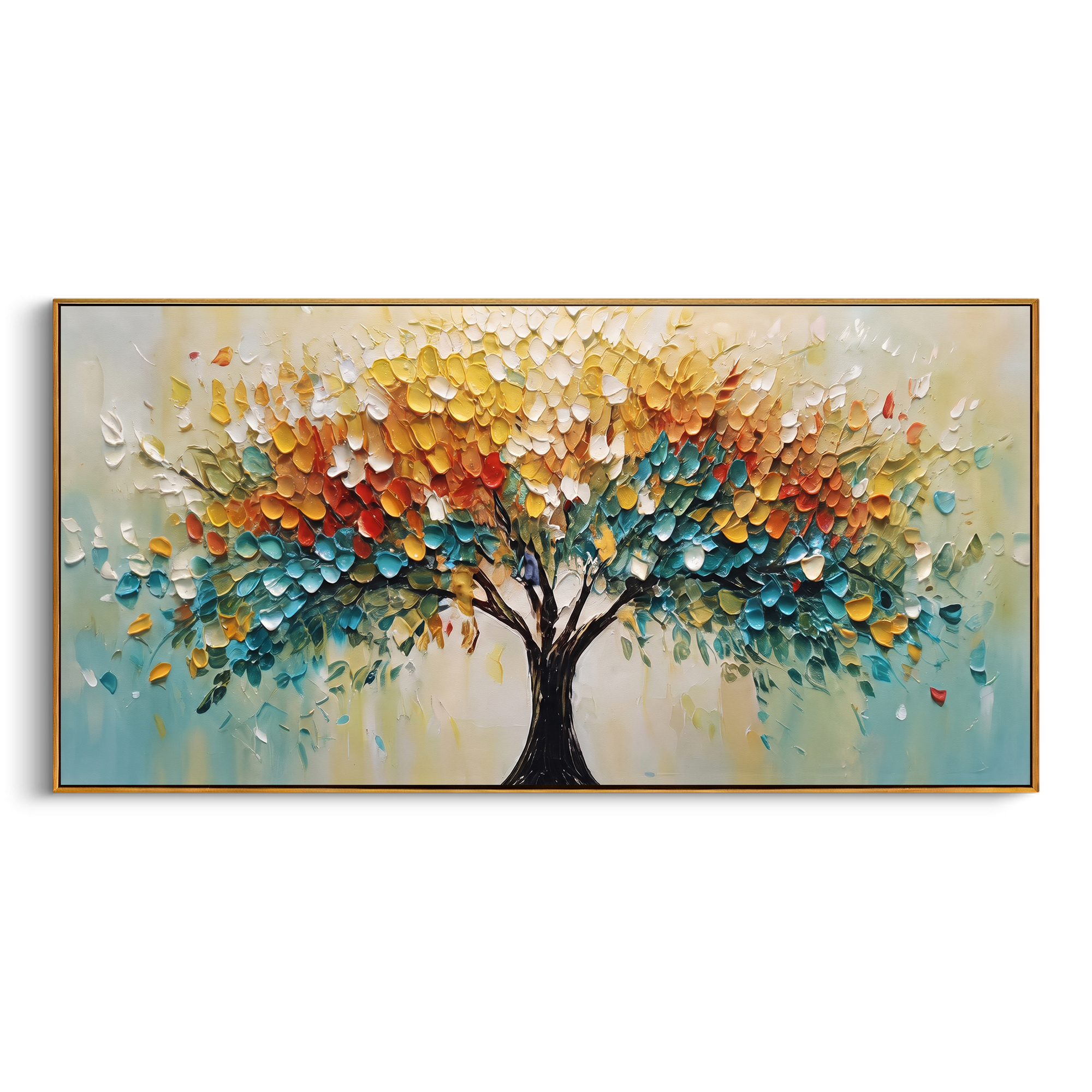 "Rainbow Life Tree Painting" focuses on atmosphere, surface movement, and sculptural heavy impasto craftsmanship rather than a fixed literal storyline. The composition uses this hand-painted panoramic canvas presents a panoramic life tree with a black trunk, bright yellow and orange foliage, teal-blue lower leaves, and lively raised impasto marks, with visible raised palette-knife paint and handmade surface depth as the visual anchor, while layered palette-knife paint, raised plaster-like