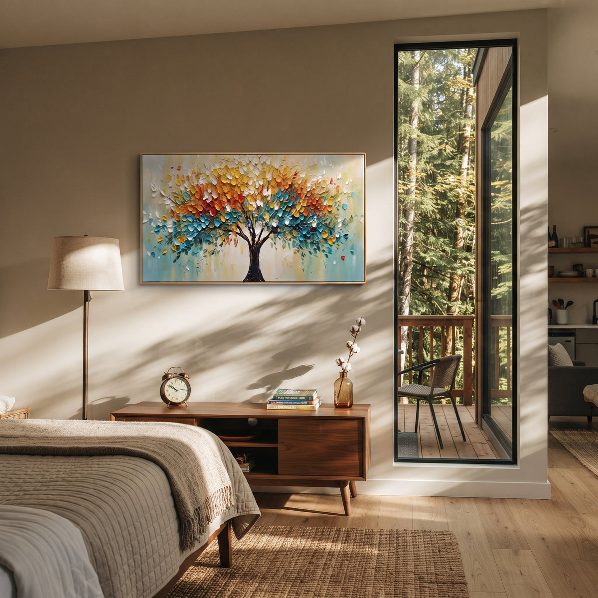 "Rainbow Life Tree Painting" focuses on atmosphere, surface movement, and sculptural heavy impasto craftsmanship rather than a fixed literal storyline. The composition uses this hand-painted panoramic canvas presents a panoramic life tree with a black trunk, bright yellow and orange foliage, teal-blue lower leaves, and lively raised impasto marks, with visible raised palette-knife paint and handmade surface depth as the visual anchor, while layered palette-knife paint, raised plaster-like