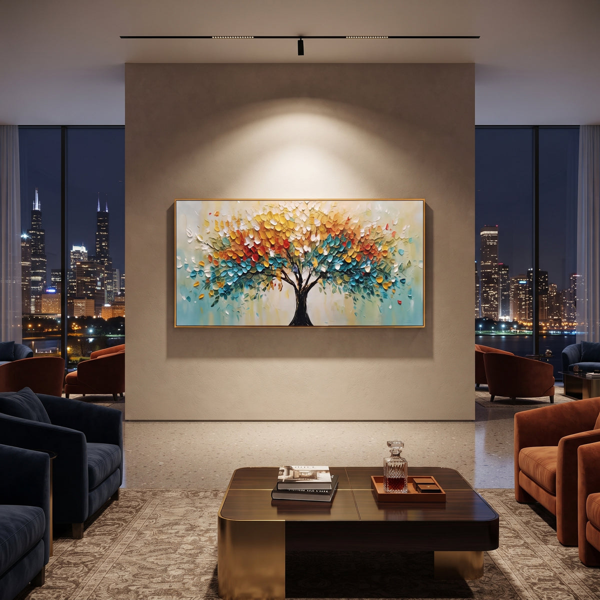 "Rainbow Life Tree Painting" focuses on atmosphere, surface movement, and sculptural heavy impasto craftsmanship rather than a fixed literal storyline. The composition uses this hand-painted panoramic canvas presents a panoramic life tree with a black trunk, bright yellow and orange foliage, teal-blue lower leaves, and lively raised impasto marks, with visible raised palette-knife paint and handmade surface depth as the visual anchor, while layered palette-knife paint, raised plaster-like