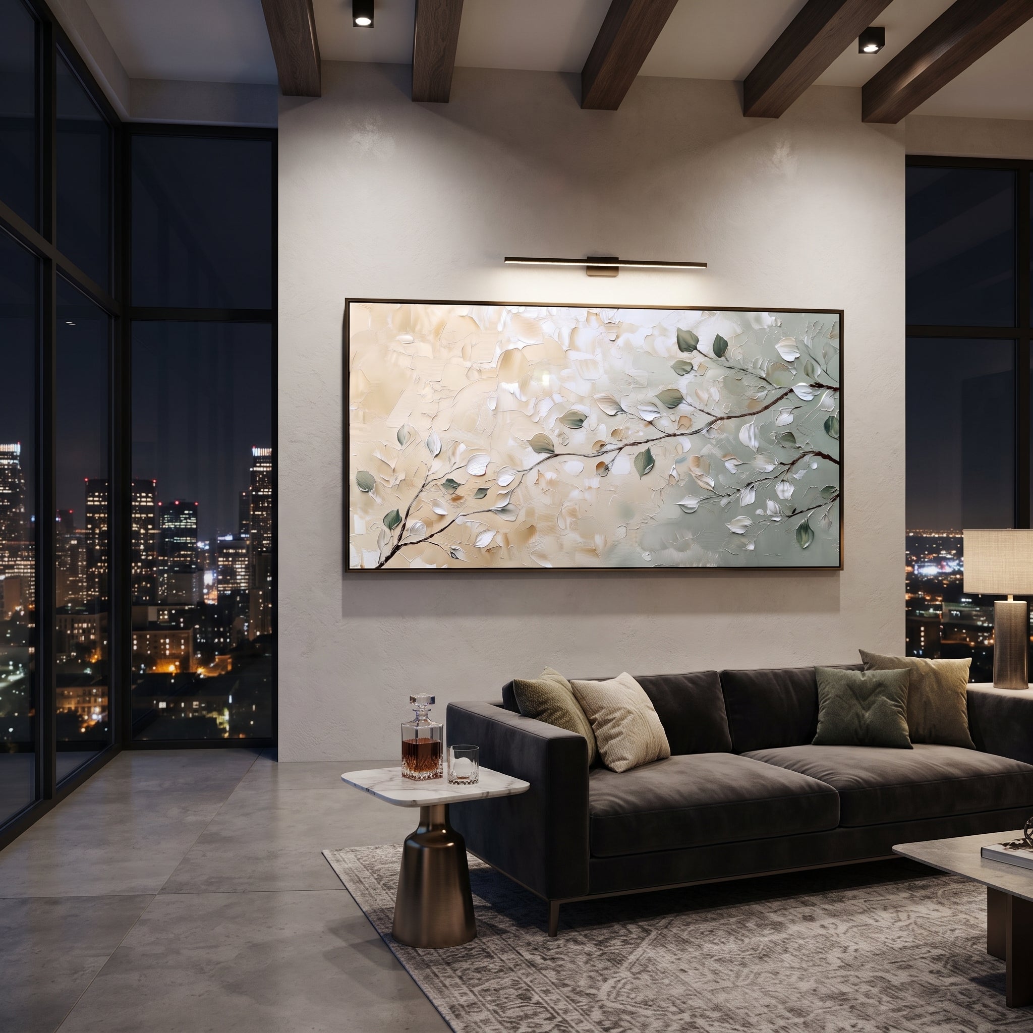 "Soft Neutral Branch Painting" focuses on atmosphere, surface movement, and sculptural heavy impasto craftsmanship rather than a fixed literal storyline. The composition uses this hand-painted panoramic canvas presents a quiet branch composition with pale beige plaster, white leaves, sage green accents, and fine brown stems crossing a wide neutral field, with visible raised palette-knife paint and handmade surface depth as the visual anchor, while layered palette-knife paint, raised plaster-like
