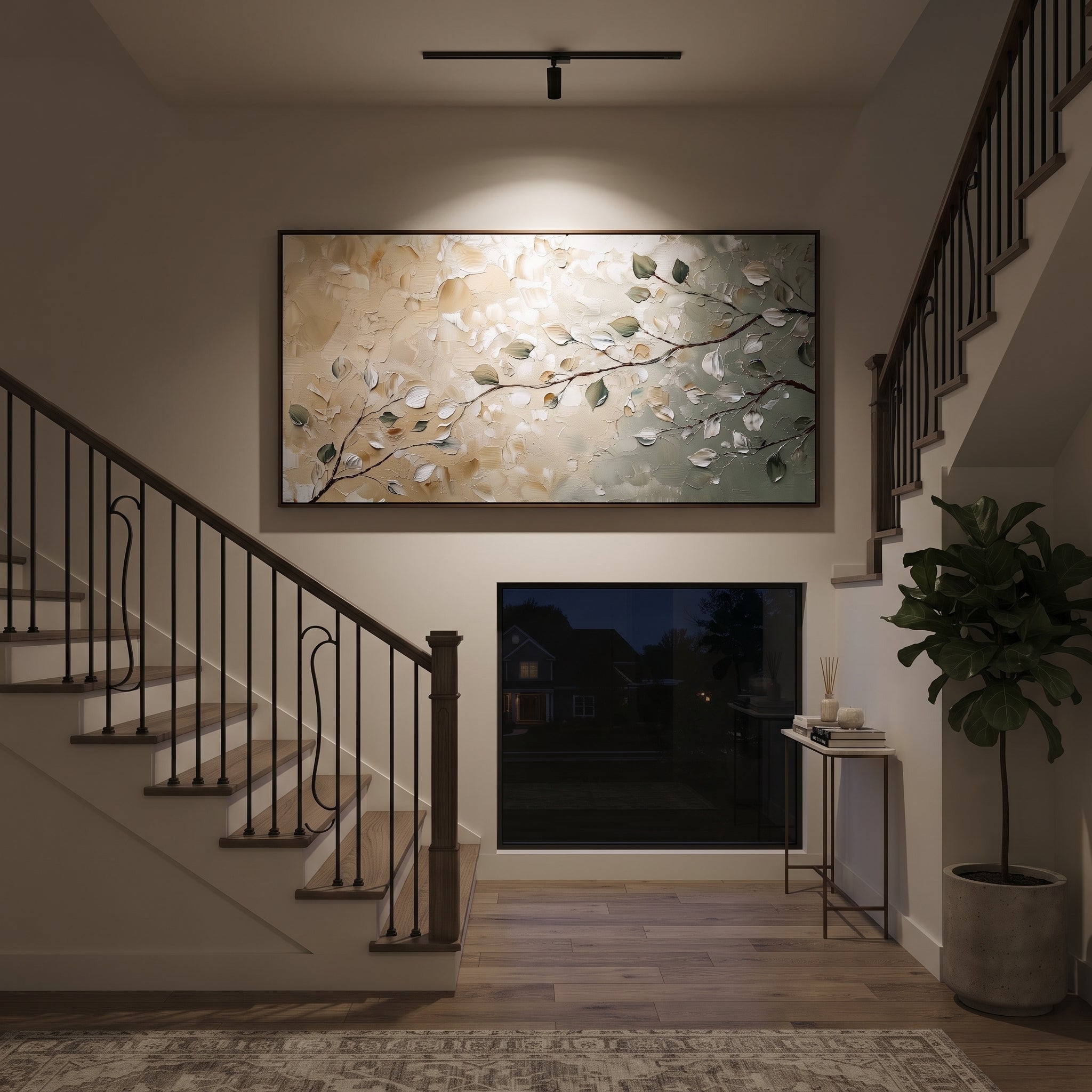 "Soft Neutral Branch Painting" focuses on atmosphere, surface movement, and sculptural heavy impasto craftsmanship rather than a fixed literal storyline. The composition uses this hand-painted panoramic canvas presents a quiet branch composition with pale beige plaster, white leaves, sage green accents, and fine brown stems crossing a wide neutral field, with visible raised palette-knife paint and handmade surface depth as the visual anchor, while layered palette-knife paint, raised plaster-like