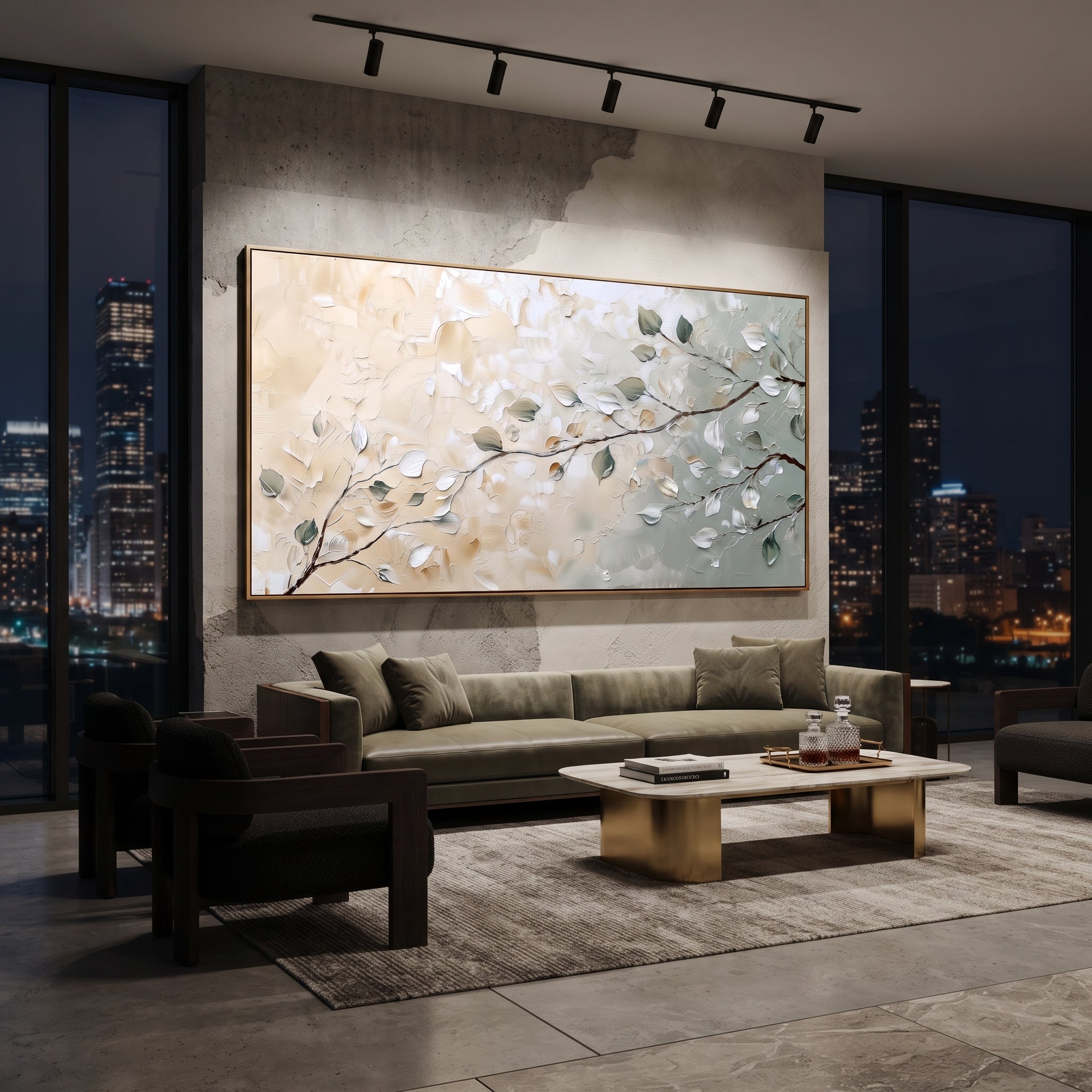 "Soft Neutral Branch Painting" focuses on atmosphere, surface movement, and sculptural heavy impasto craftsmanship rather than a fixed literal storyline. The composition uses this hand-painted panoramic canvas presents a quiet branch composition with pale beige plaster, white leaves, sage green accents, and fine brown stems crossing a wide neutral field, with visible raised palette-knife paint and handmade surface depth as the visual anchor, while layered palette-knife paint, raised plaster-like