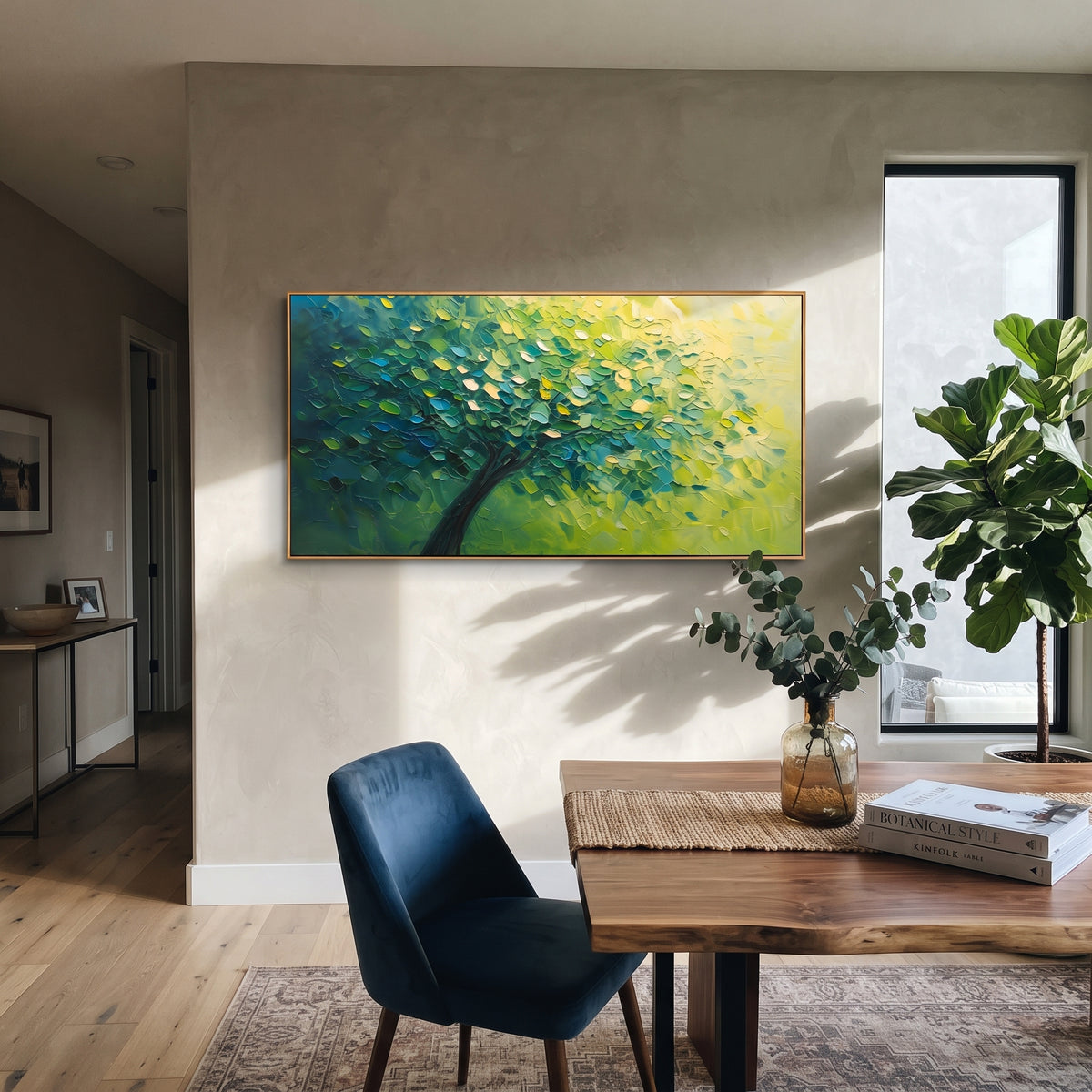 "Deep Lime Forest Canopy Painting" focuses on atmosphere, surface movement, and sculptural heavy impasto craftsmanship rather than a fixed literal storyline. The composition uses this hand-painted panoramic canvas presents a sweeping forest canopy shifting from dark emerald green into bright lime yellow light, with a diagonal dark trunk and thick leaf texture, with visible raised palette-knife paint and handmade surface depth as the visual anchor, while layered palette-knife paint, raised