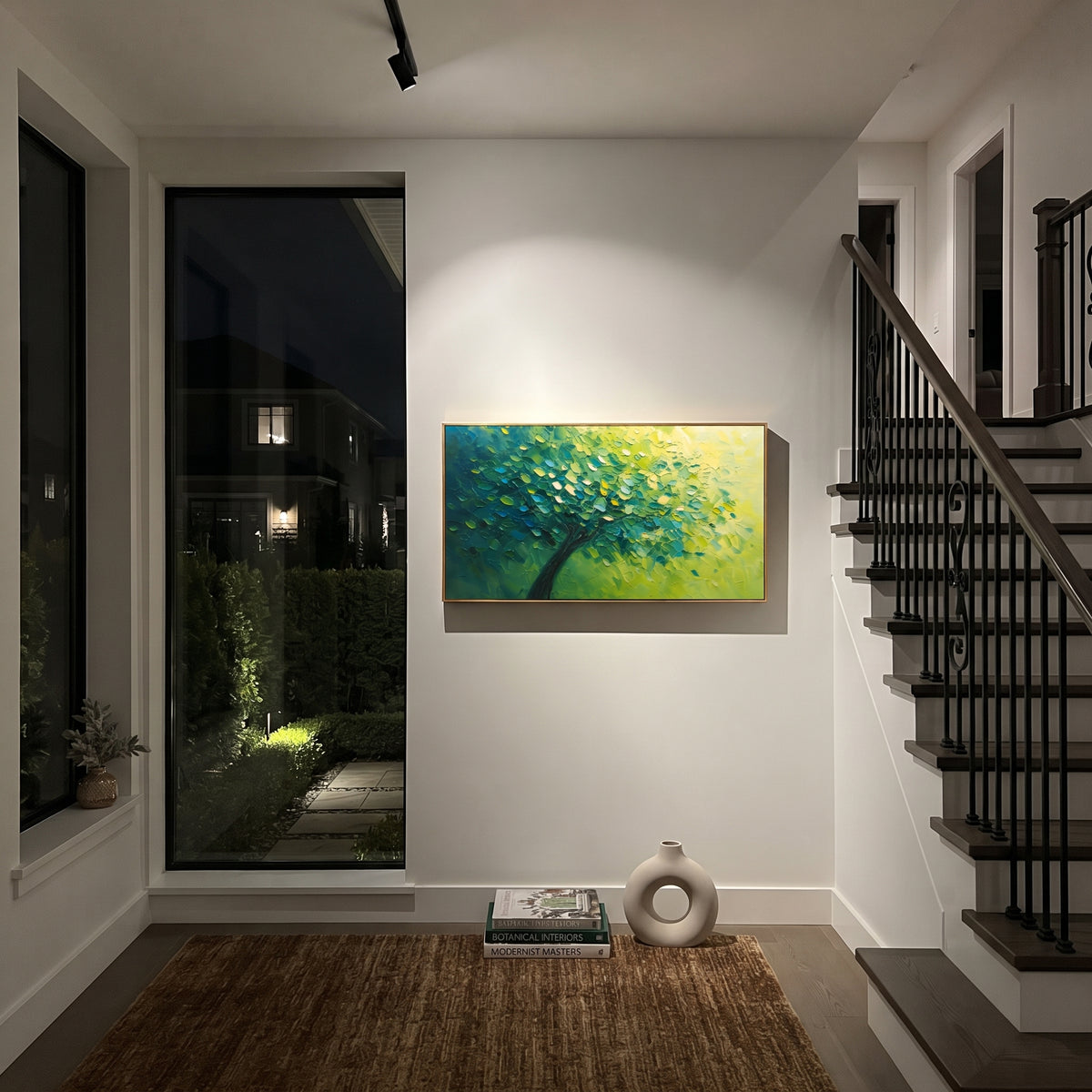 "Deep Lime Forest Canopy Painting" focuses on atmosphere, surface movement, and sculptural heavy impasto craftsmanship rather than a fixed literal storyline. The composition uses this hand-painted panoramic canvas presents a sweeping forest canopy shifting from dark emerald green into bright lime yellow light, with a diagonal dark trunk and thick leaf texture, with visible raised palette-knife paint and handmade surface depth as the visual anchor, while layered palette-knife paint, raised