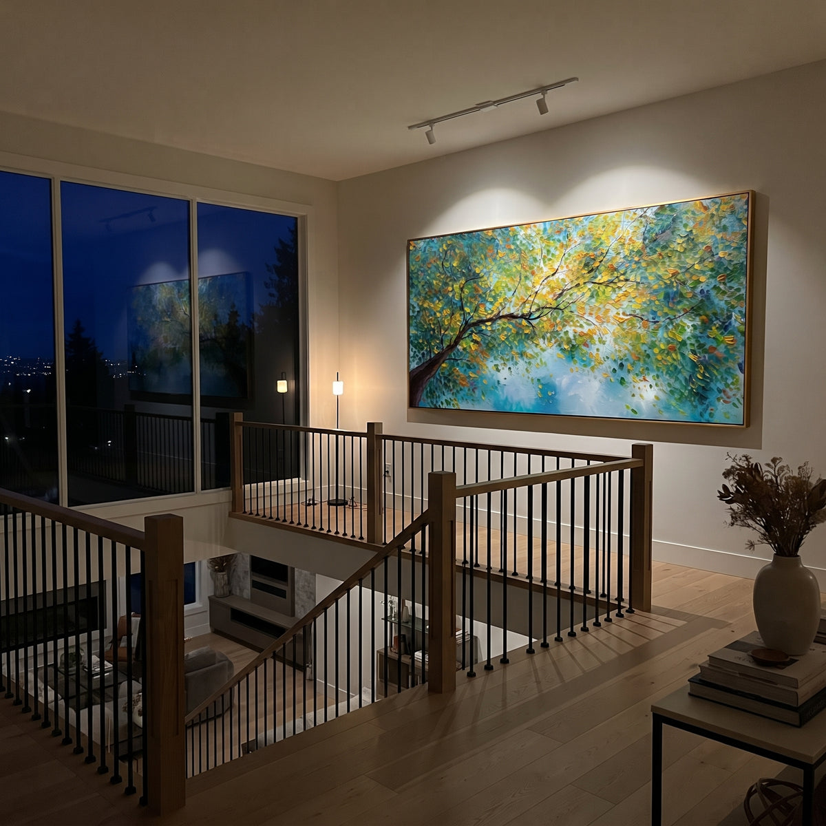 "Teal Gold Branch Painting" focuses on atmosphere, surface movement, and sculptural heavy impasto craftsmanship rather than a fixed literal storyline. The composition uses this hand-painted panoramic canvas presents a dramatic teal-blue background with dark branching stems, golden leaves, and smooth raised botanical forms across the panoramic canvas, with visible raised palette-knife paint and handmade surface depth as the visual anchor, while layered palette-knife paint, raised plaster-like